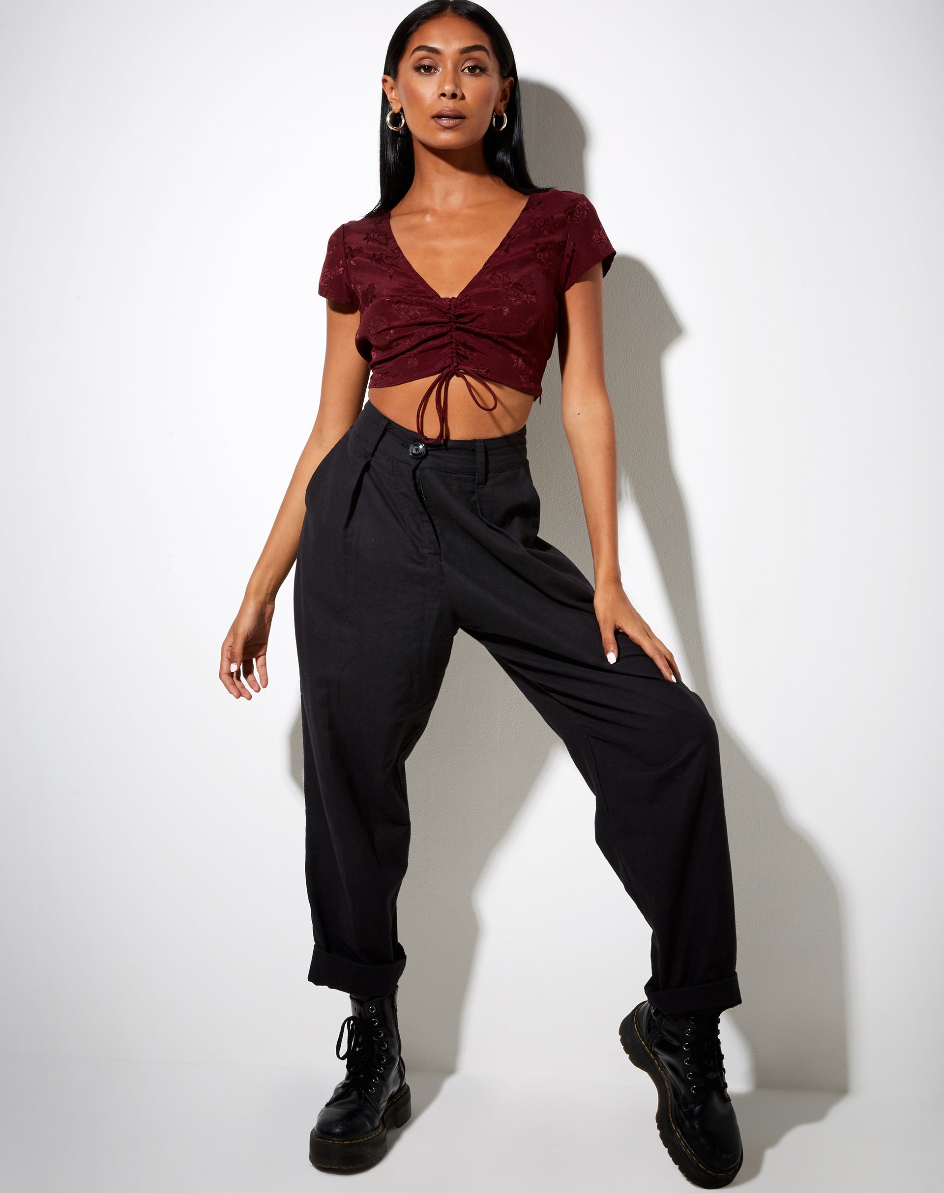 Image of Raeto Crop Top in Satin Rose Burgundy