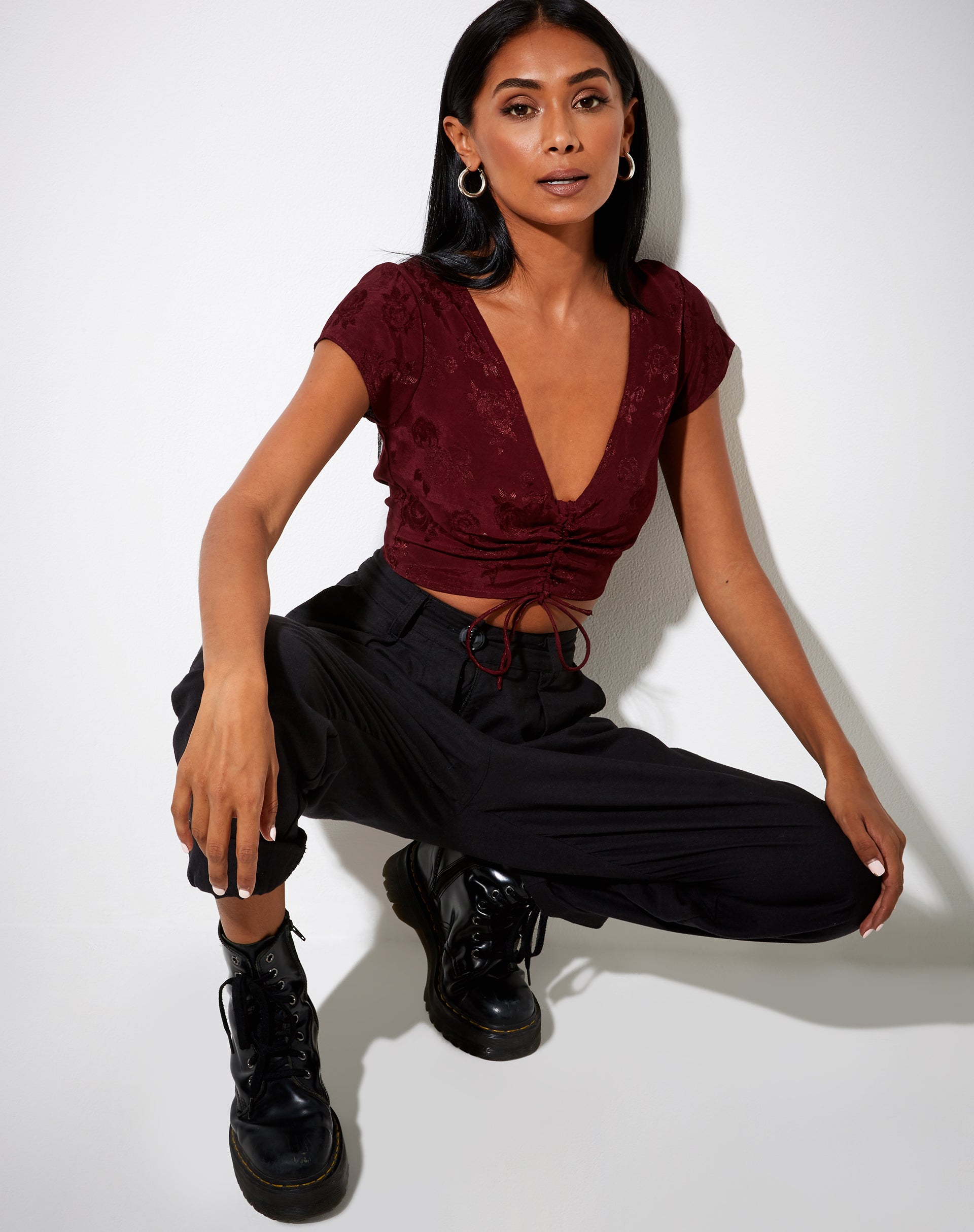Image of Raeto Crop Top in Satin Rose Burgundy