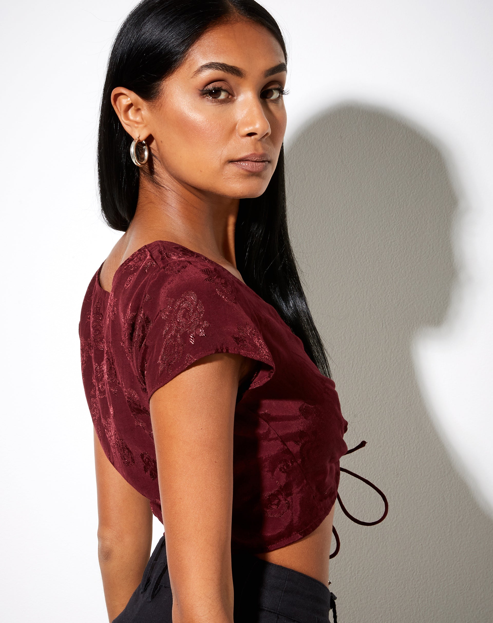 Image of Raeto Crop Top in Satin Rose Burgundy