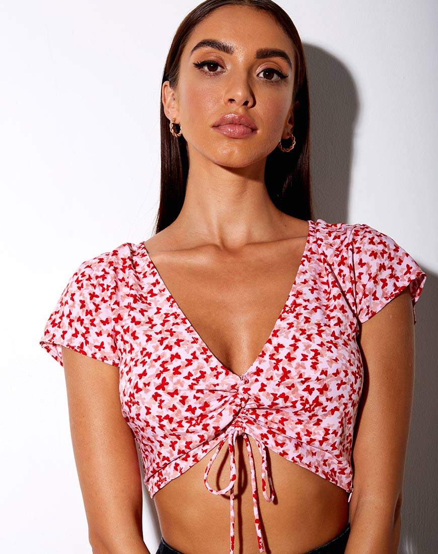 Image of Raeto Crop Top in Ditsy Butterfly Peach and Red