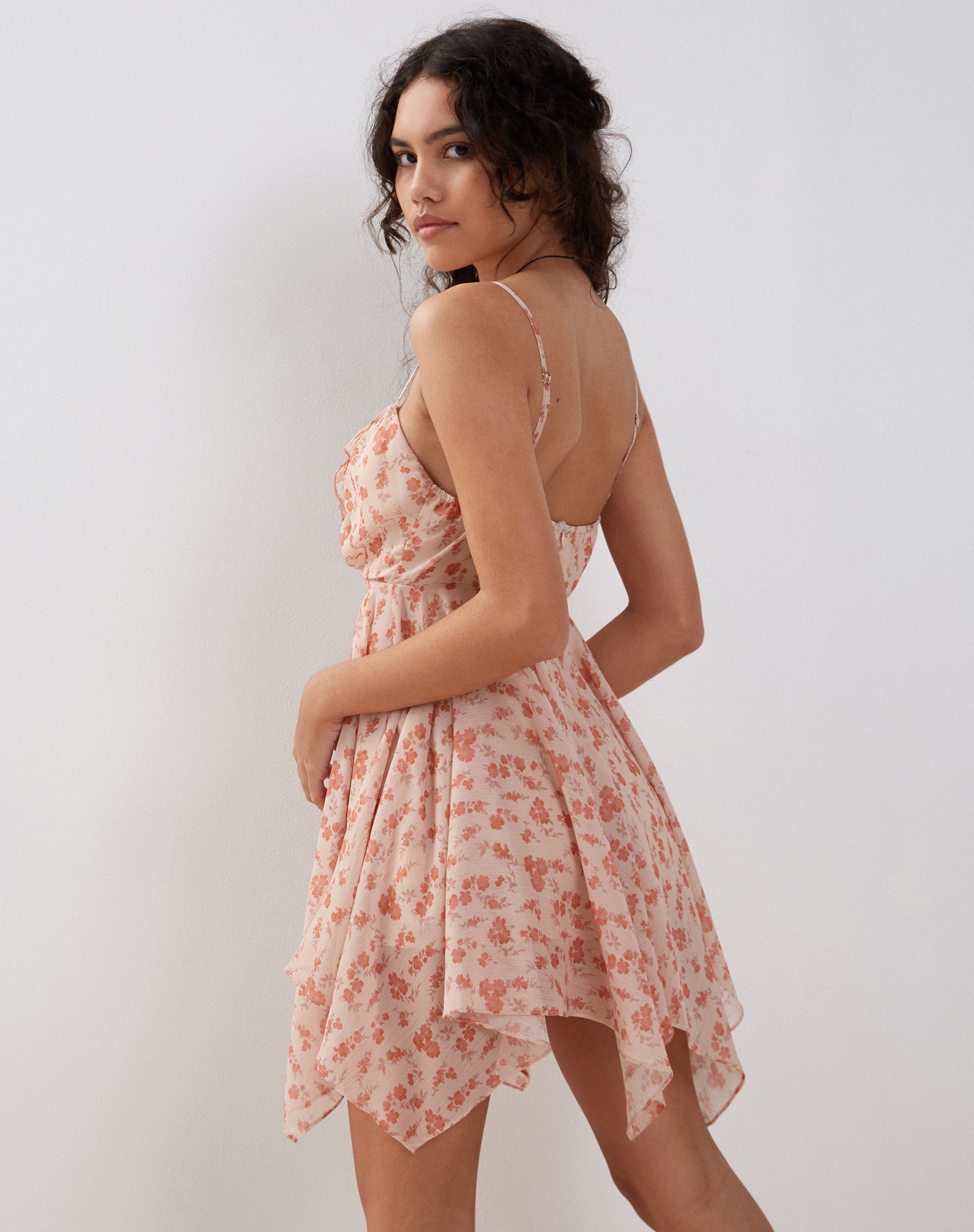 Raftar Frill Chiffon Mini Dress in Peach Cherry Blossom