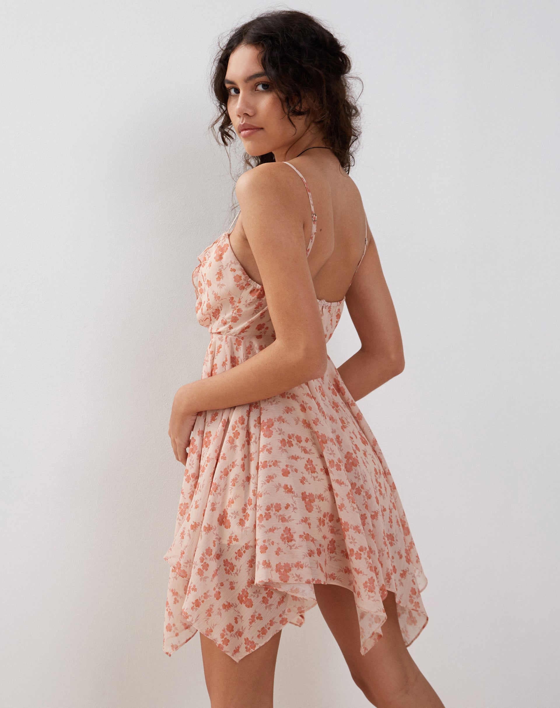 Image of Raftar Frill Chiffon Mini Dress in Peach Cherry Blossom