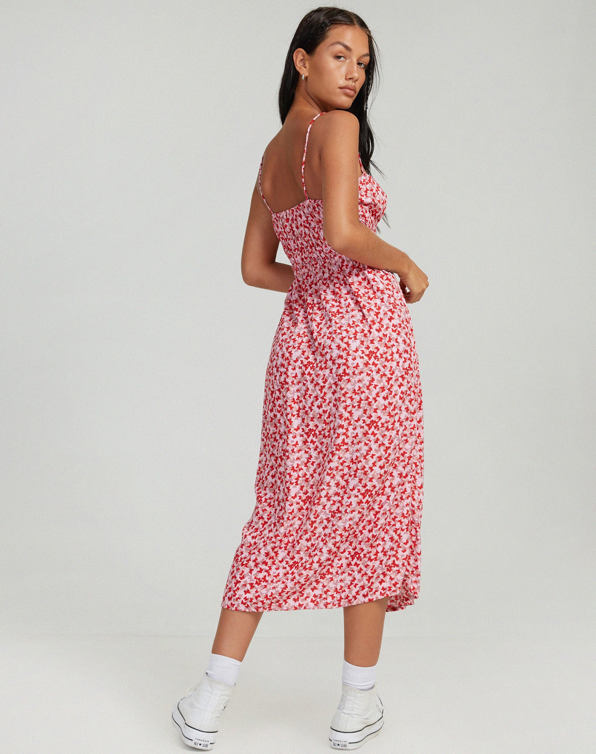 image of Jeyro Midi Dress in Ditsy Butterfly Peach and Red