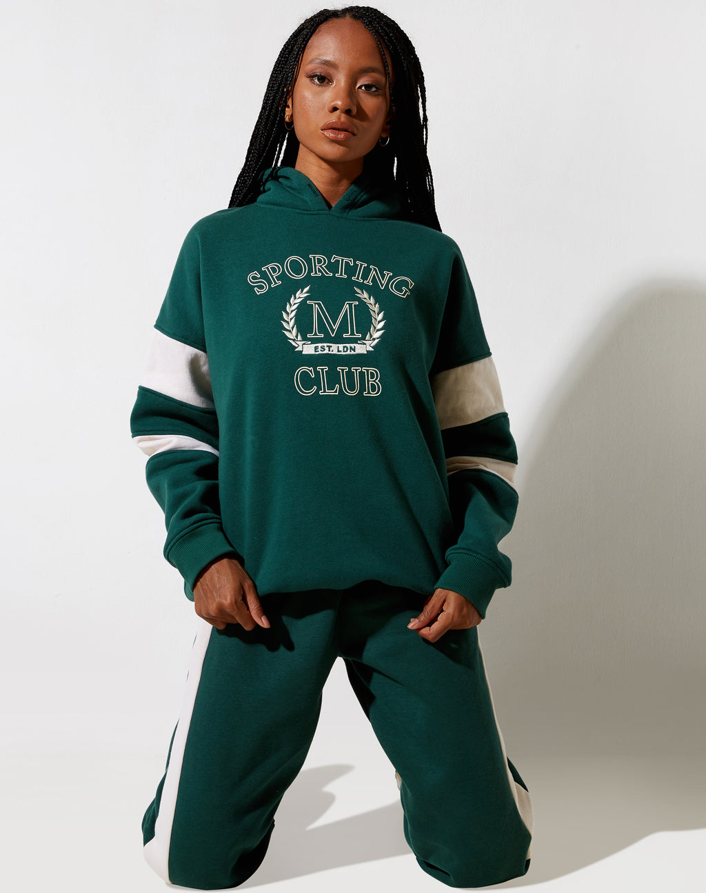 Mora Hoodie in Forest Green and Winter White Sporting Club Mix Embro
