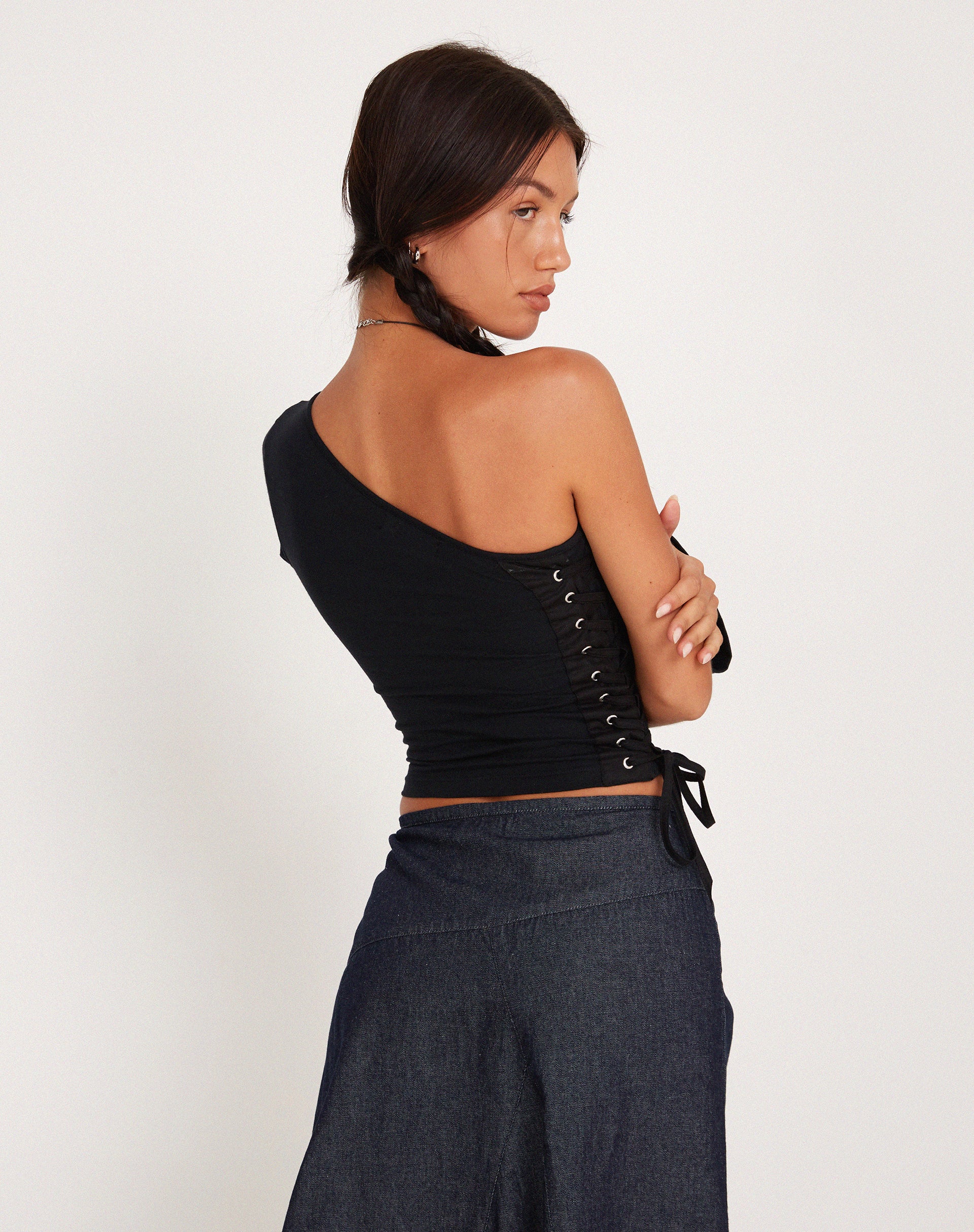 image of Quinley One Shoulder Top in Black