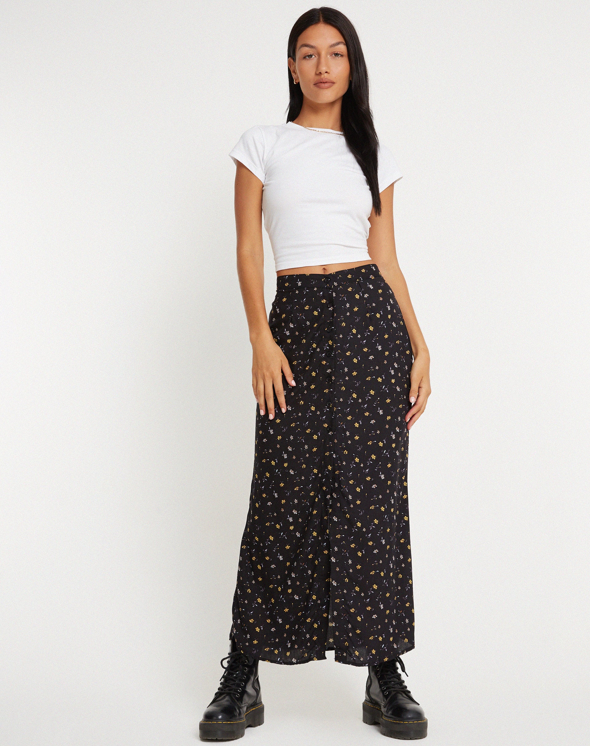 Black Floral Print Midi Skirt Rima – - Main Image