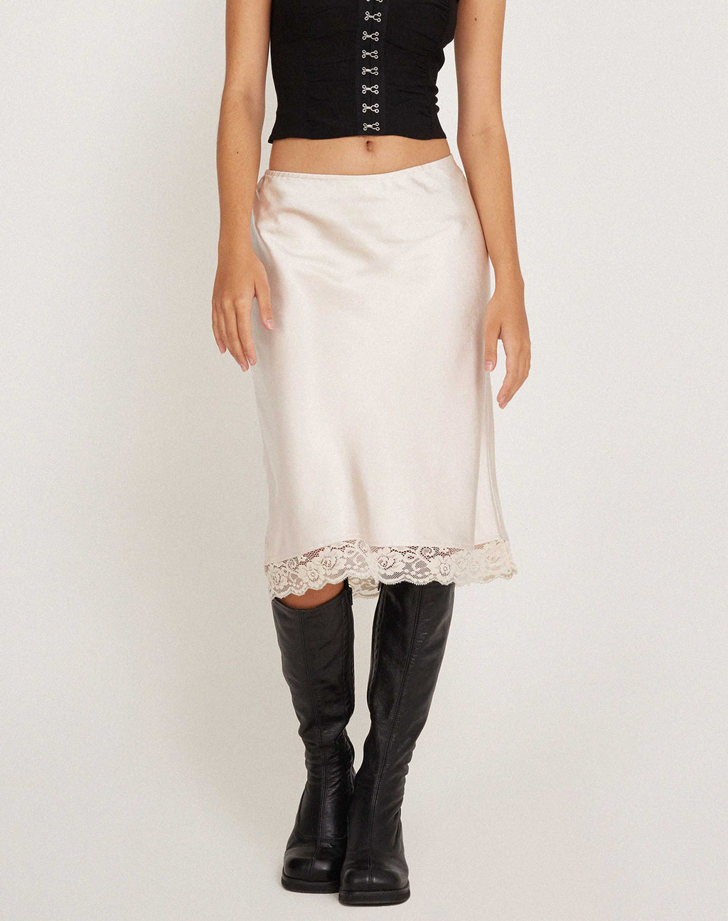 Resira Midi Skirt in Satin Pearled Ivory with Lace