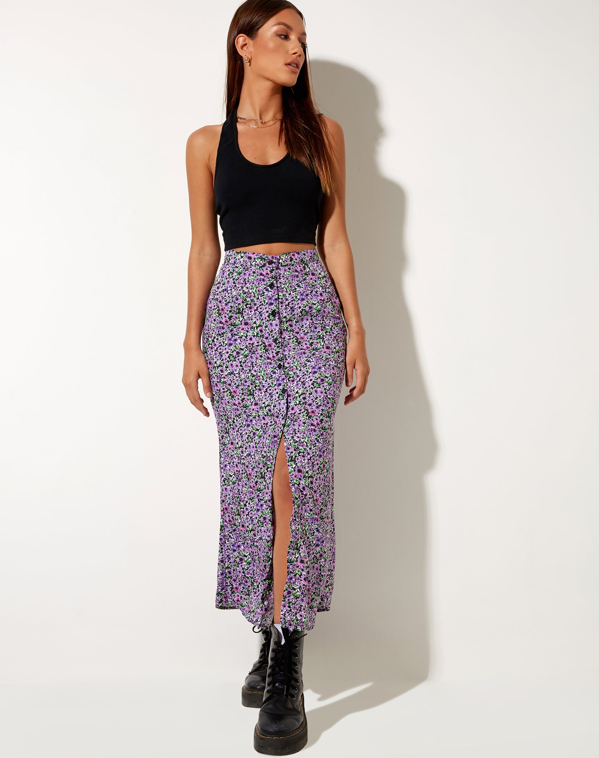 High Waisted Lilac Purple Floral Midi Skirt | Rima – motelrocks.com