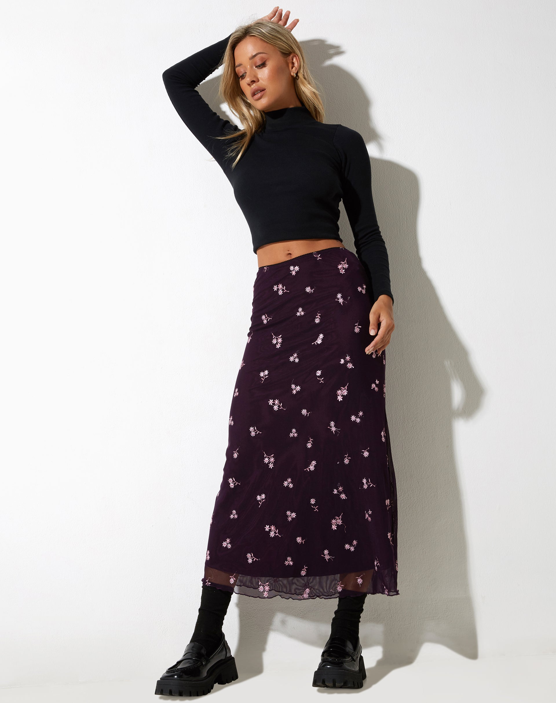 image of Rindu Maxi Skirt in Plum Daisy Embro