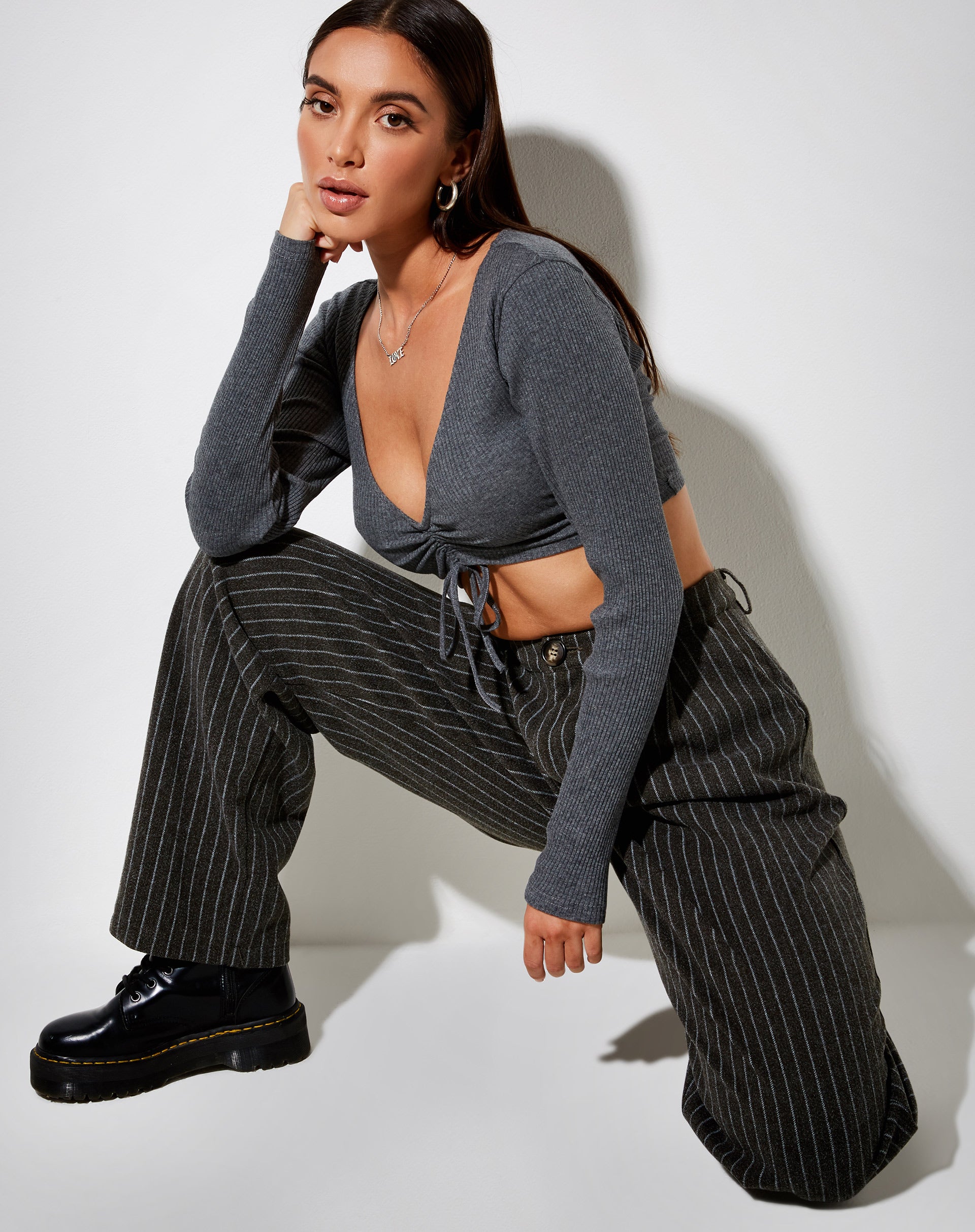 Image of Rivelo Long Sleeve Top in Rib Dark Grey