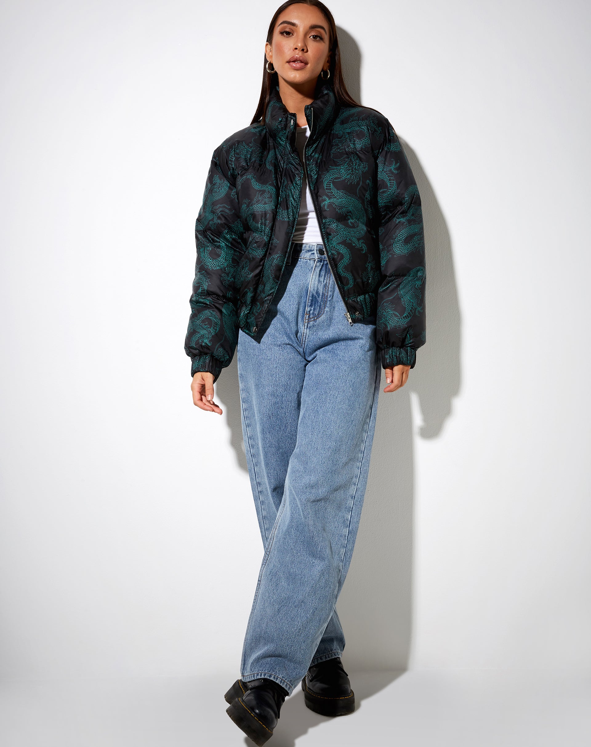 Image of Rohos Puffer Jacket in Dragon Flower Black and Mint