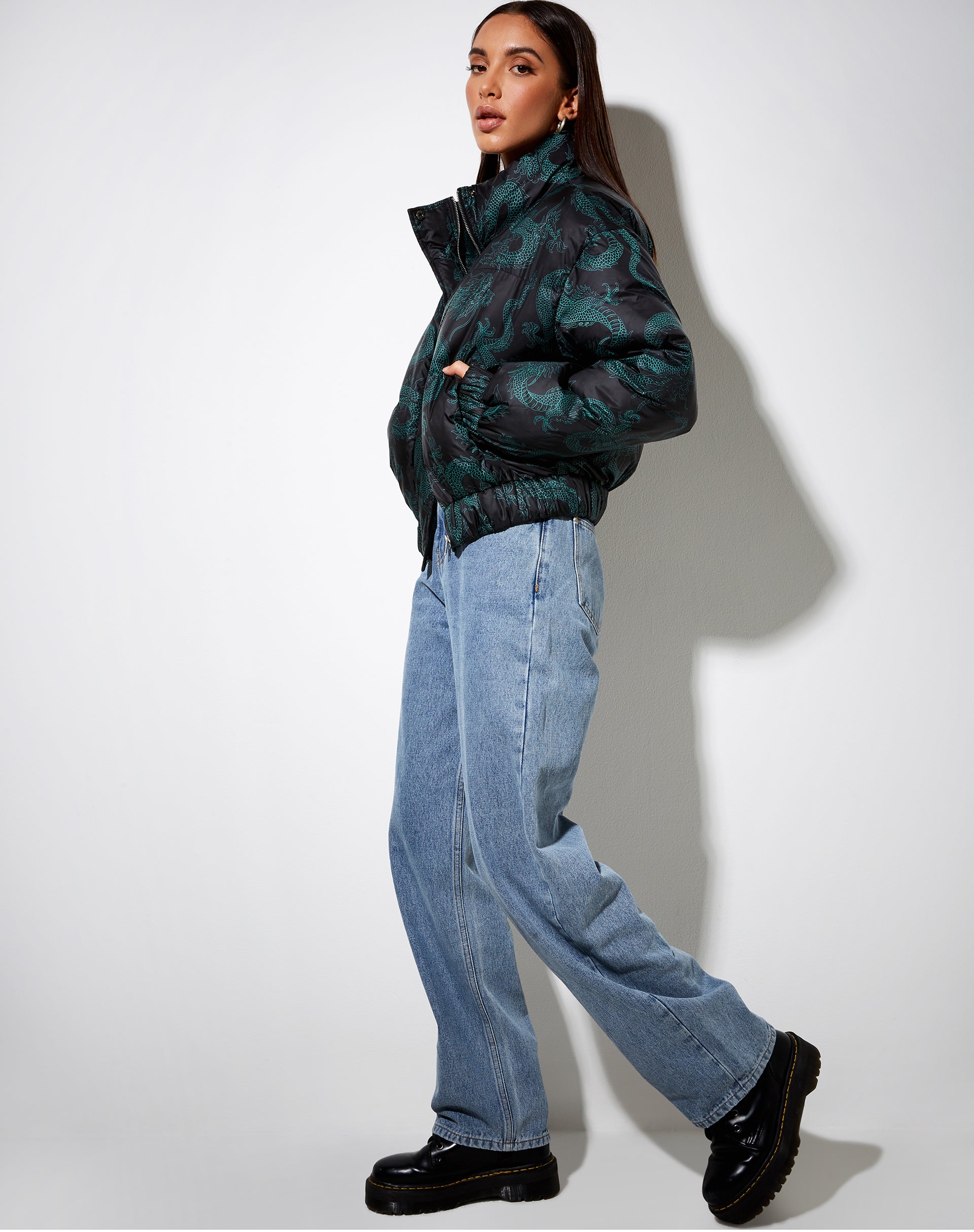 Image of Rohos Puffer Jacket in Dragon Flower Black and Mint