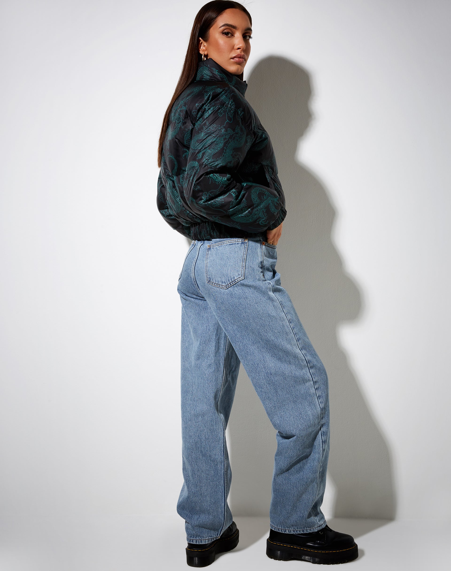 Image of Rohos Puffer Jacket in Dragon Flower Black and Mint