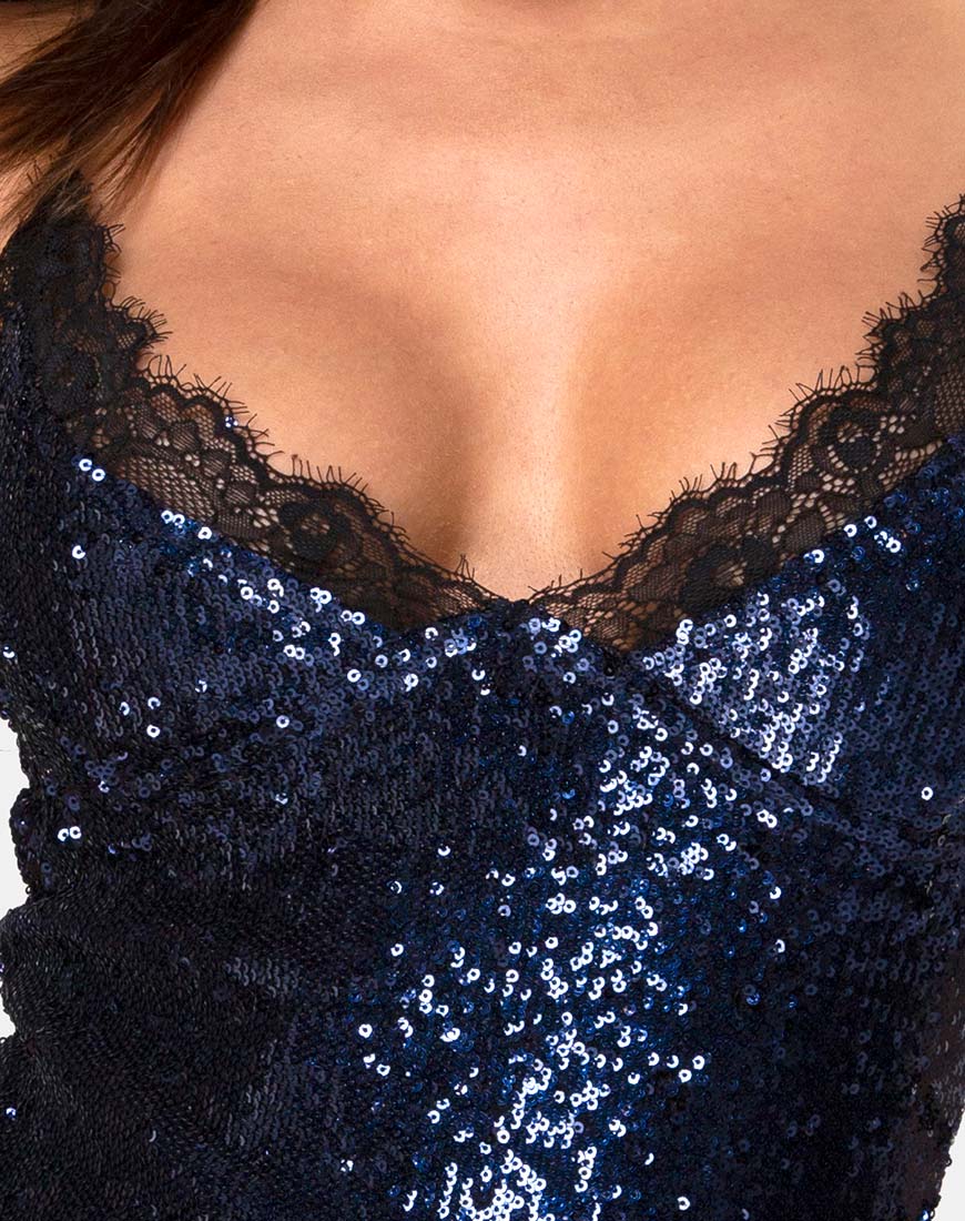 motel rocks blue sequin dress Romini Dress in Midnight Mini Sequin with Black Lace