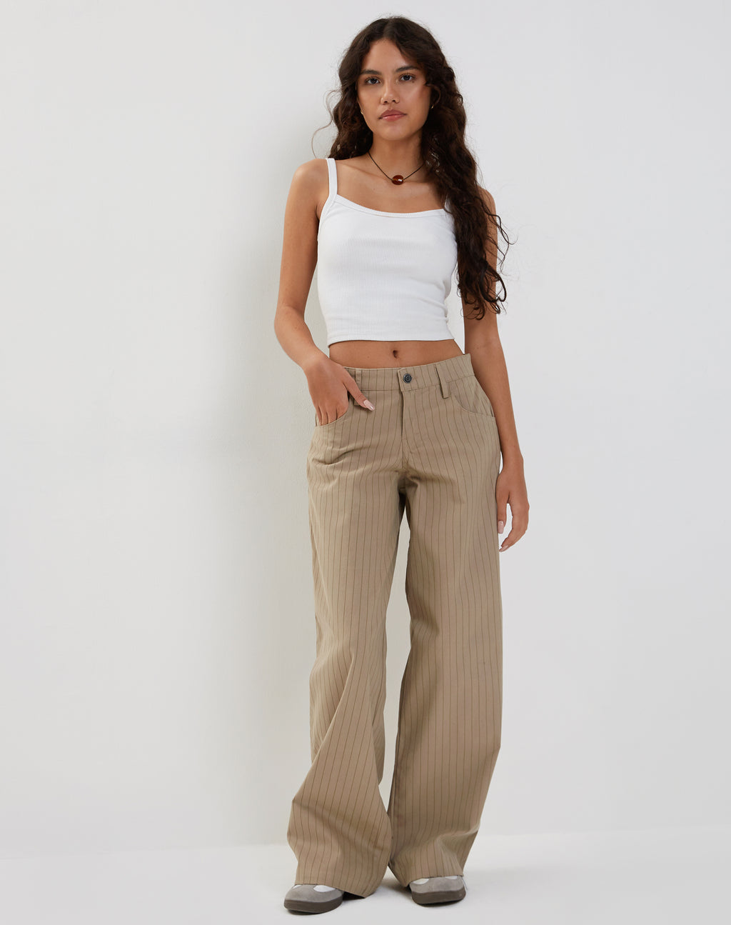 Roomy Low Rise Extra Wide Trousers in Pinstripe Stone