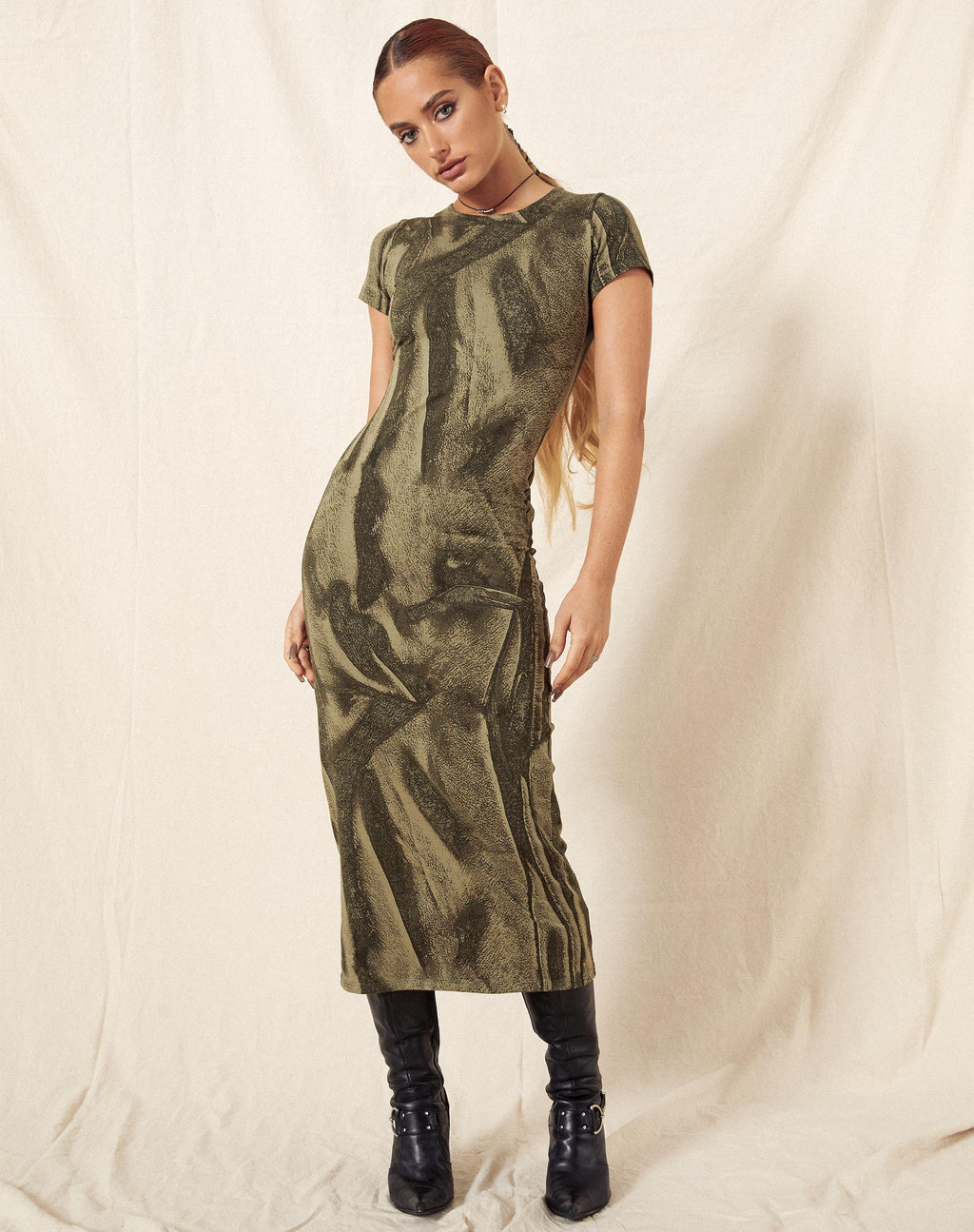 Rosika Midi Dress in Dystopian Crease Khaki