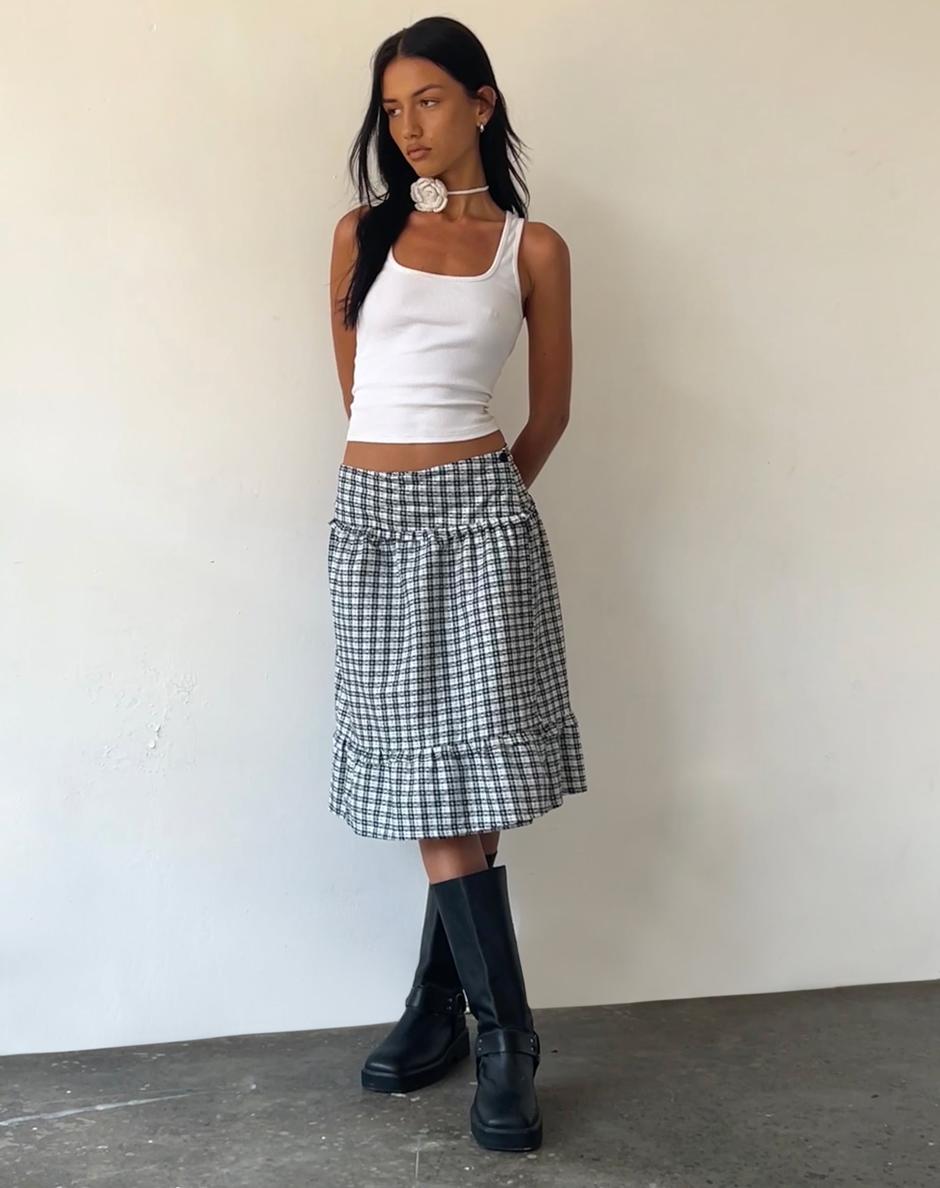 Image of Kasya Frill Hem Midi Wrap Skirt in Brandy Check