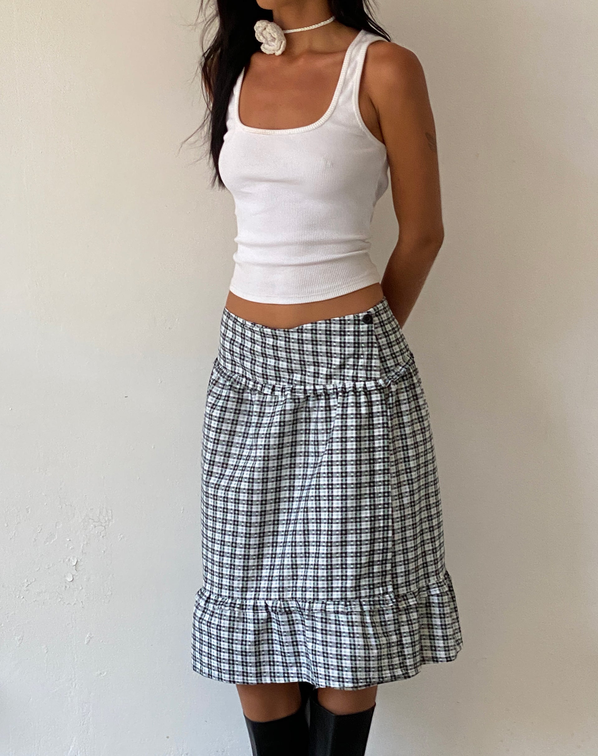 Image of Kasya Frill Hem Midi Wrap Skirt in Brandy Check