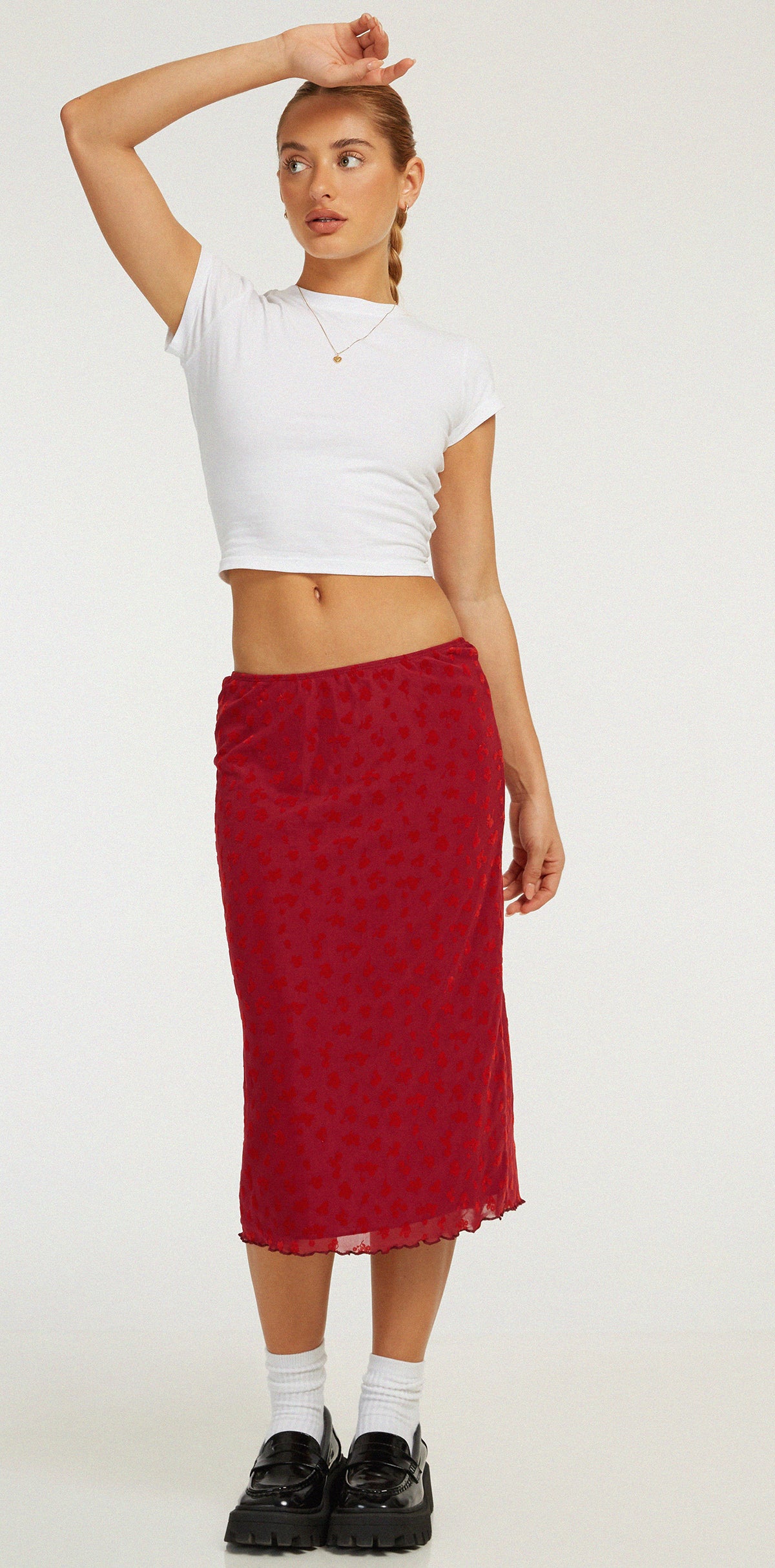 Red Low Rise Midi Skirt | Rujha – motelrocks.com