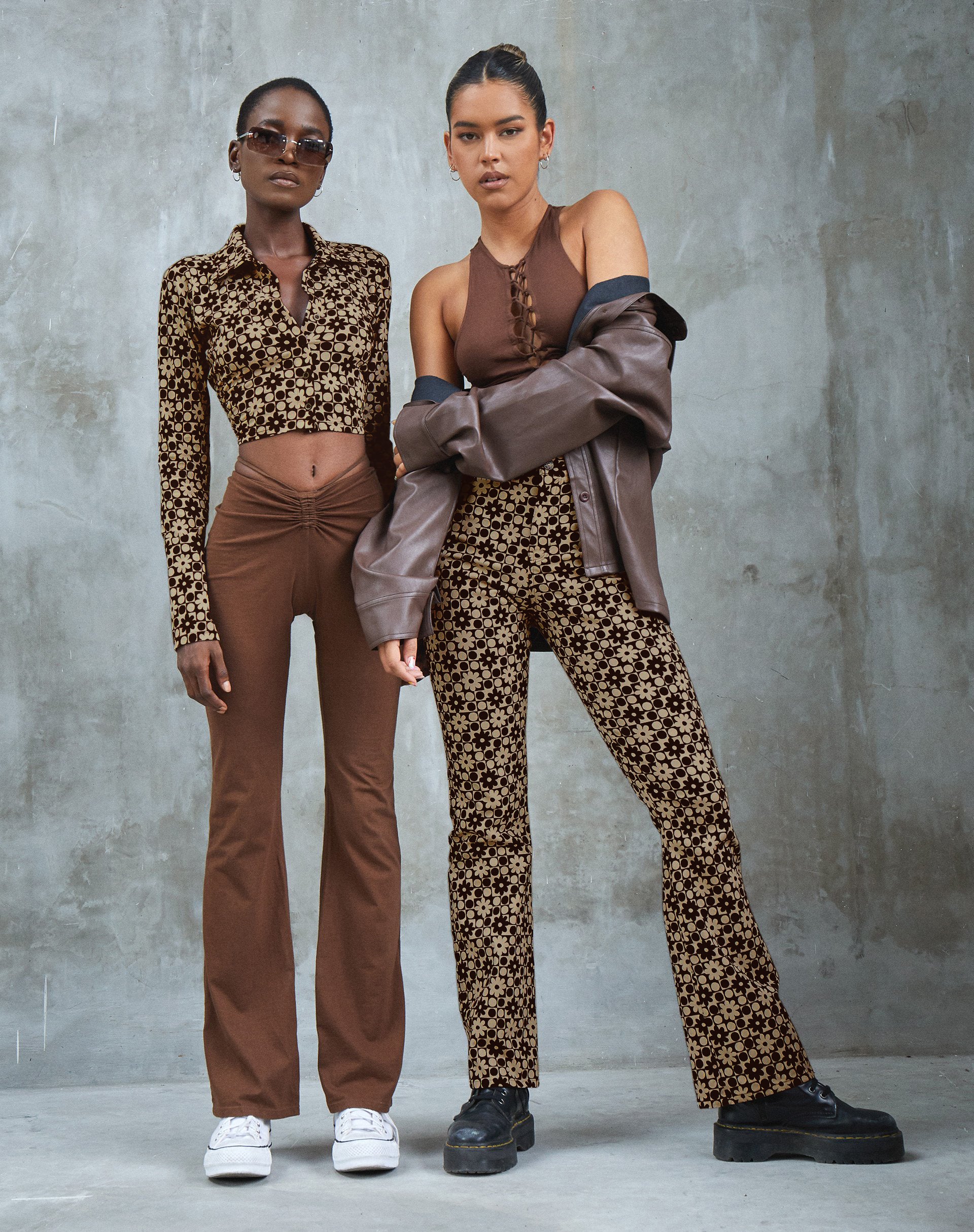 Image of Zoven Flare Trouser in Patchwork Daisy Brown