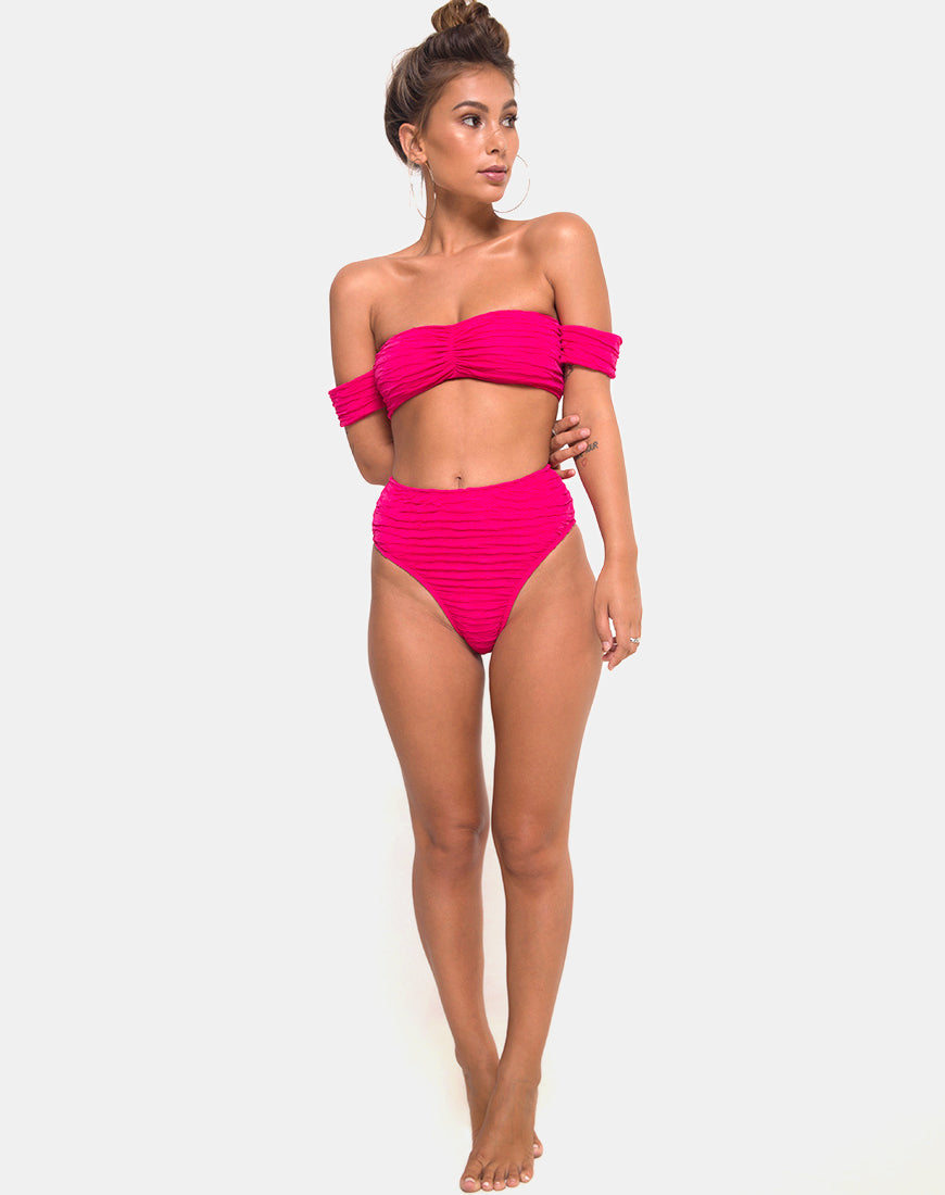 Shaca Bikini Bottom in 80's Crinkle Pink Highlighter