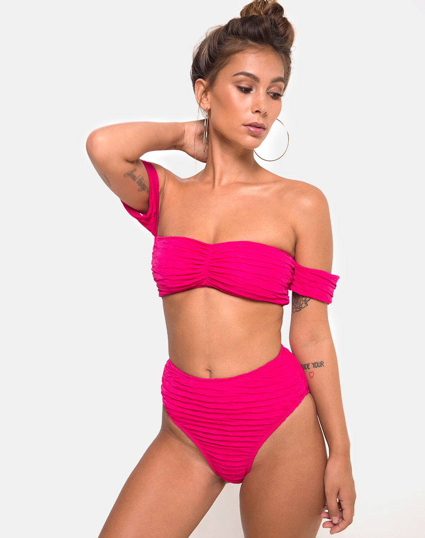 Shaca Bikini Top in 80's Crinkle Pink Highlighter