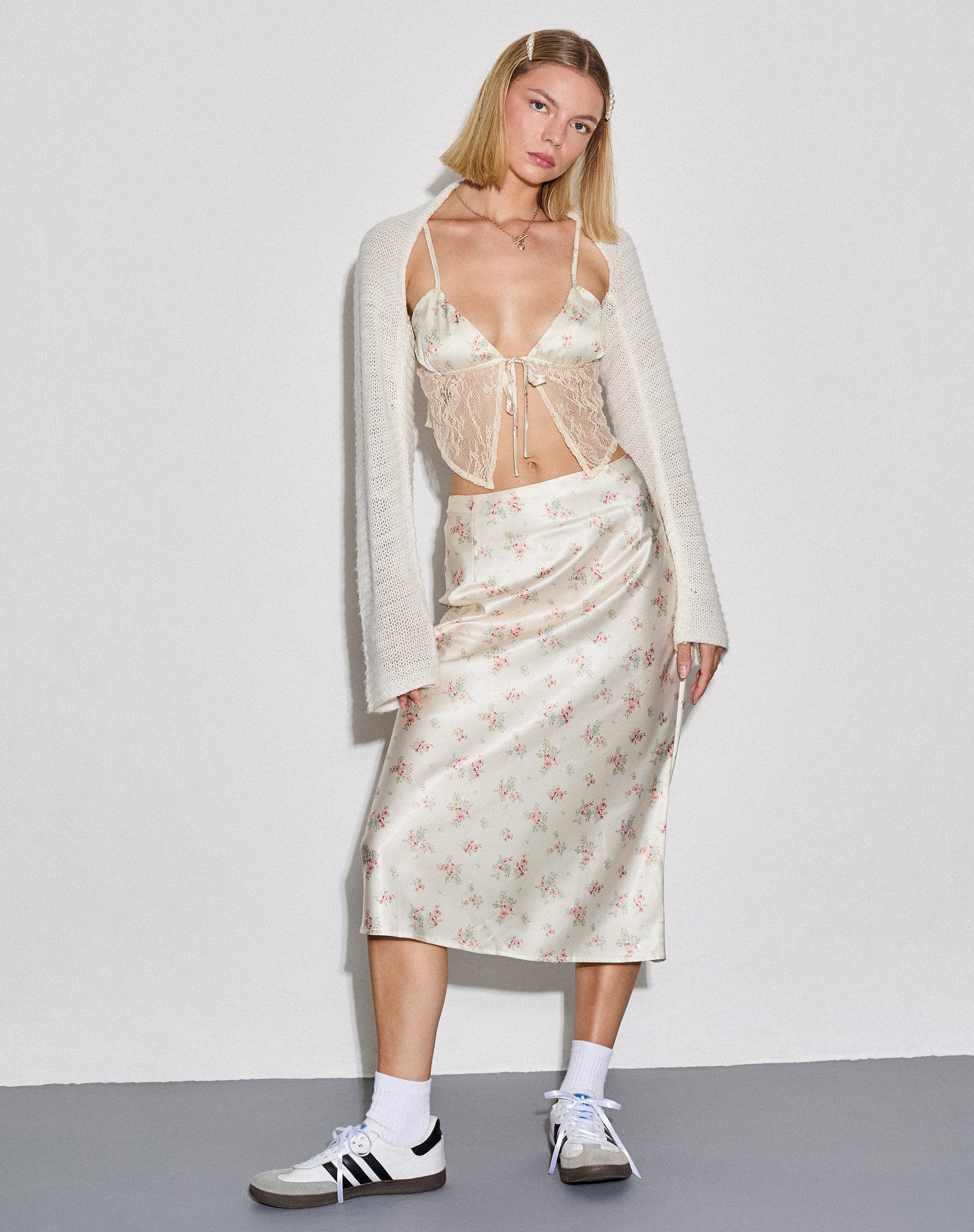 Image of Piya Midi Skirt in Satin Vintage Rose Garland