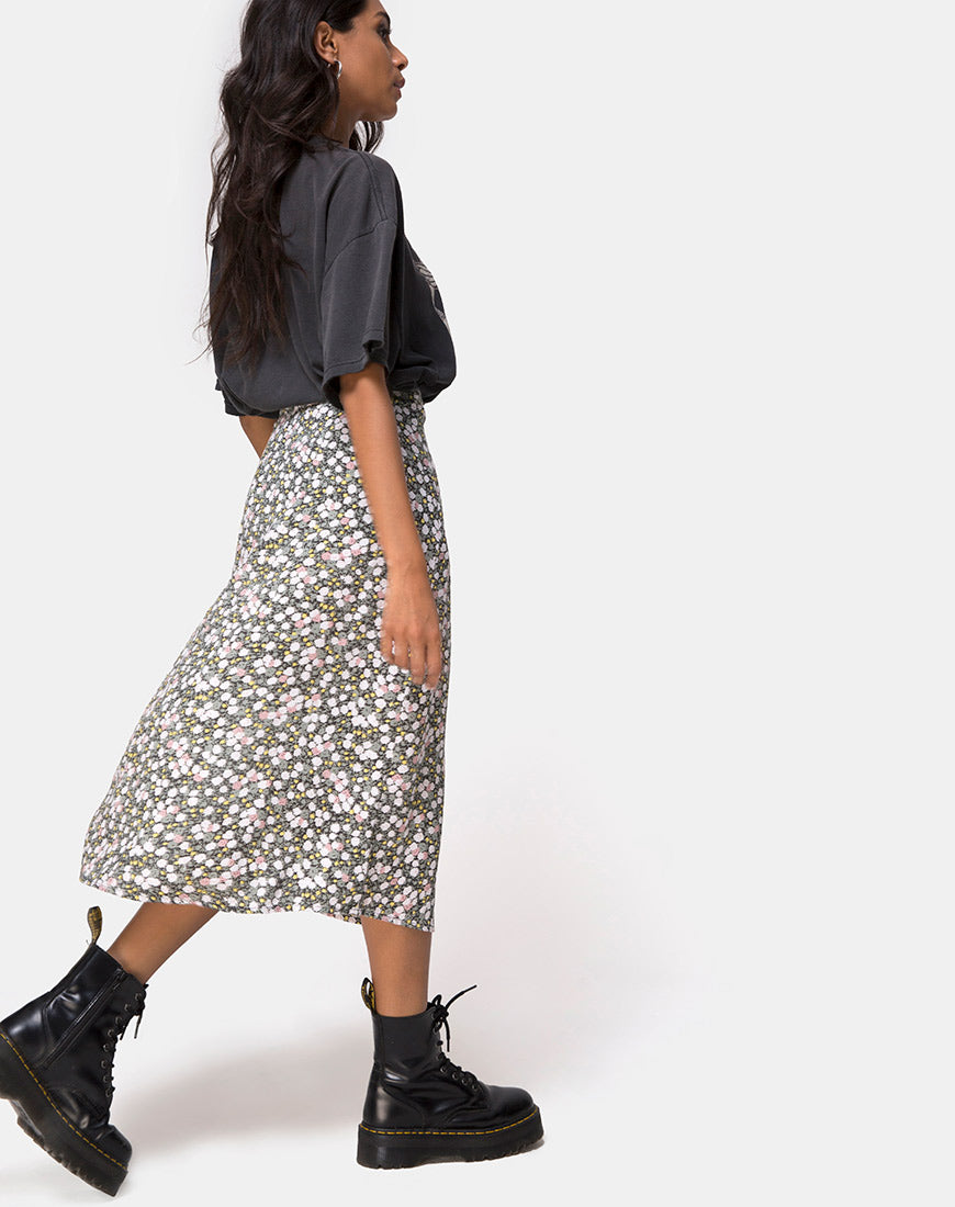 Image of Saika Midi Skirt in Floral Field Olive