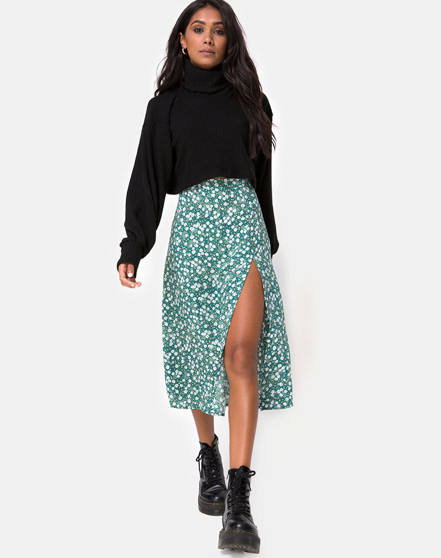 Image of Saika Midi Skirt in Floral Field Green