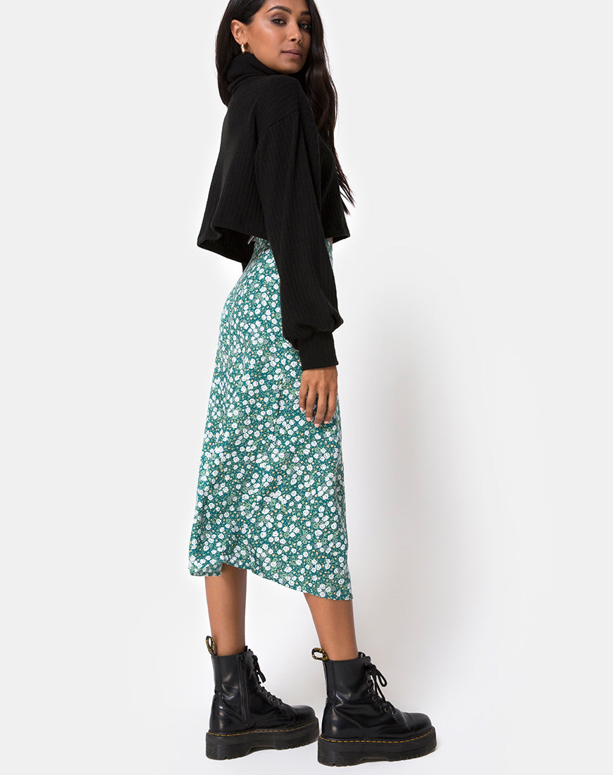 Image of Saika Midi Skirt in Floral Field Green