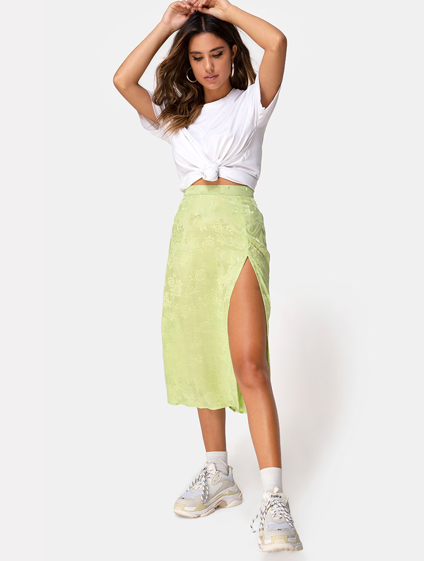 High Waist Satin Rose Lime Midi Skirt | Saika – motelrocks.com