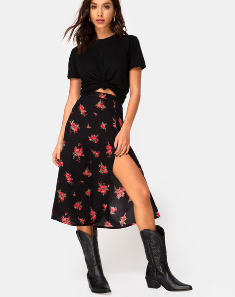 Red Black Floral Midi Skirt Slit | Saika –