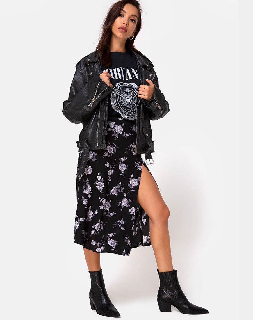 Image of Saika Midi Skirt in White Rose Black