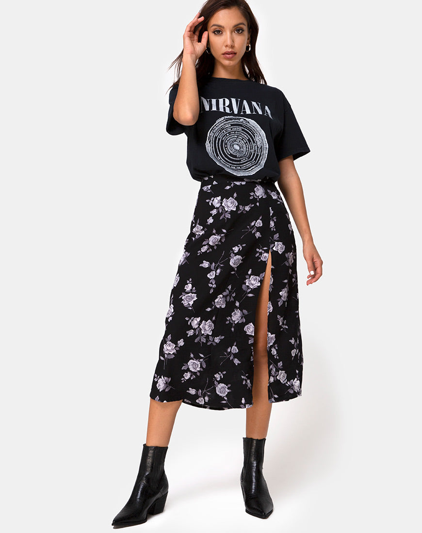Image of Saika Midi Skirt in White Rose Black