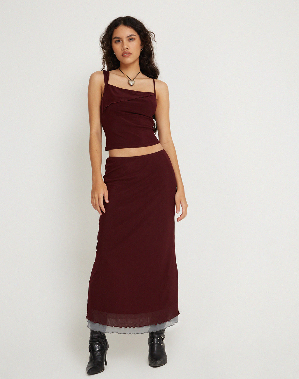 Tresha Maxi Skirt in Mesh Burgundy