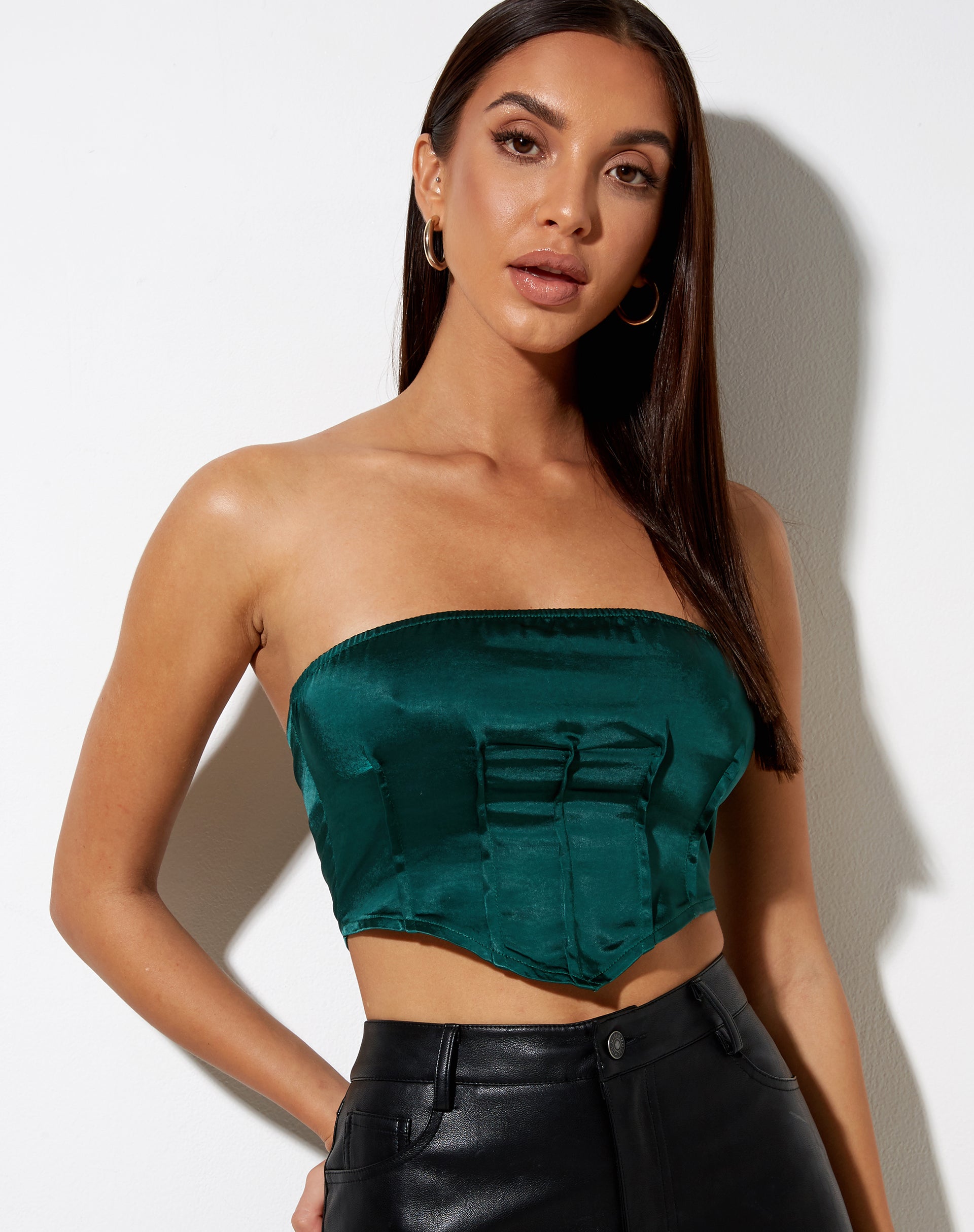 Image of Sanja Bandeau Top in Satin Forest Green