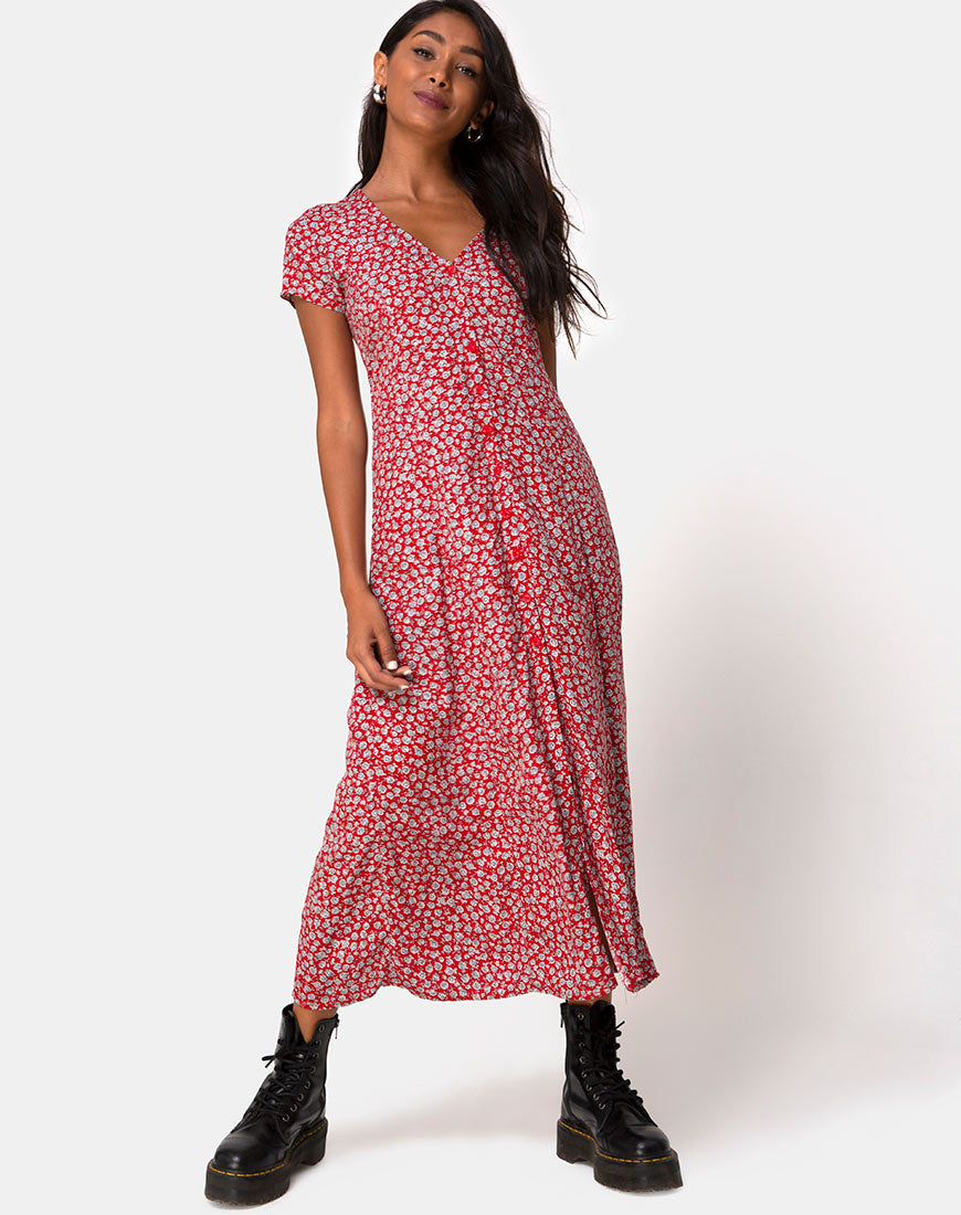 Floral Red and Silver Midi Dress | Sanrin – motelrocks.com