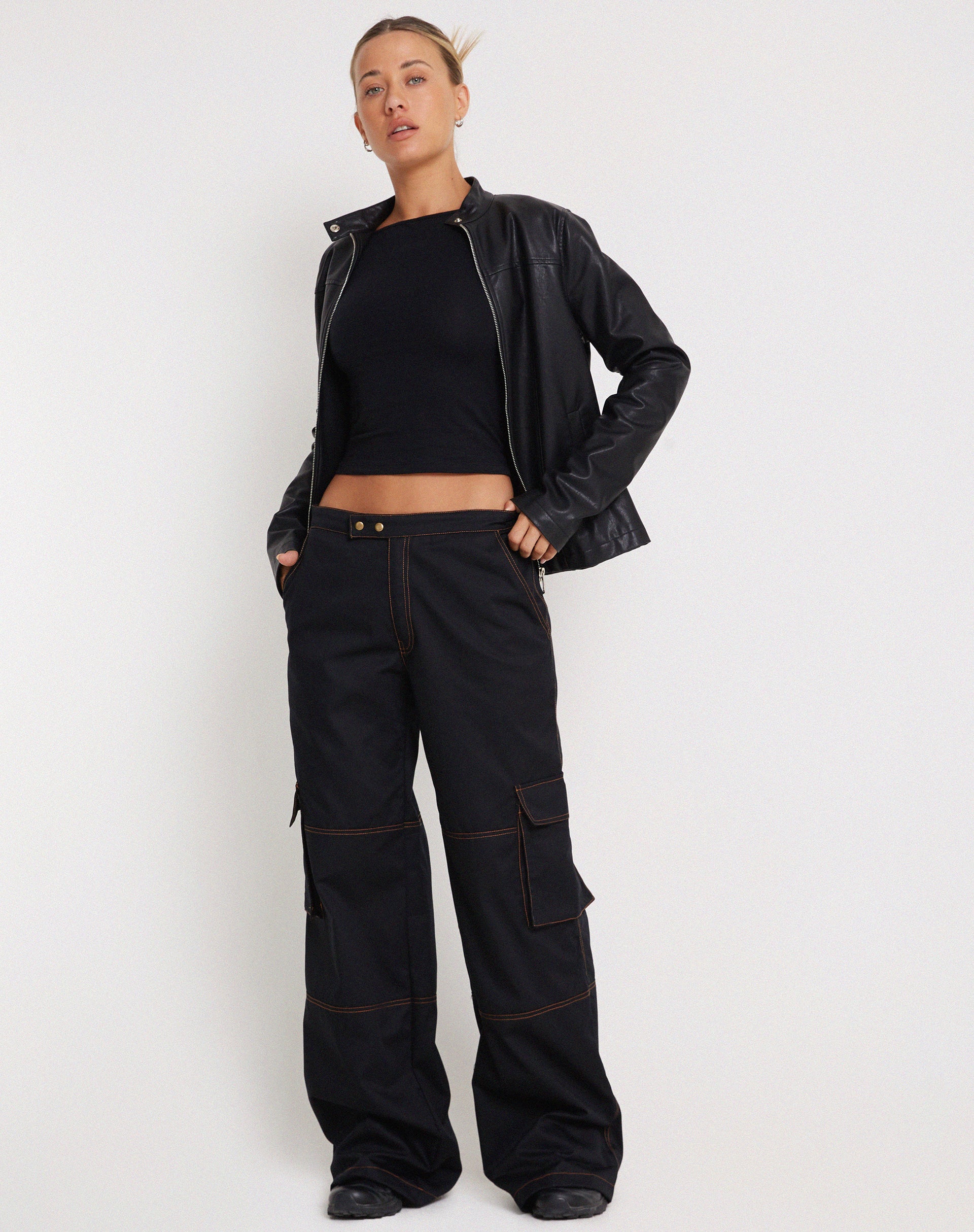 Only Neon  Nylon contrast stitch cargo jeans in black  ShopStyle