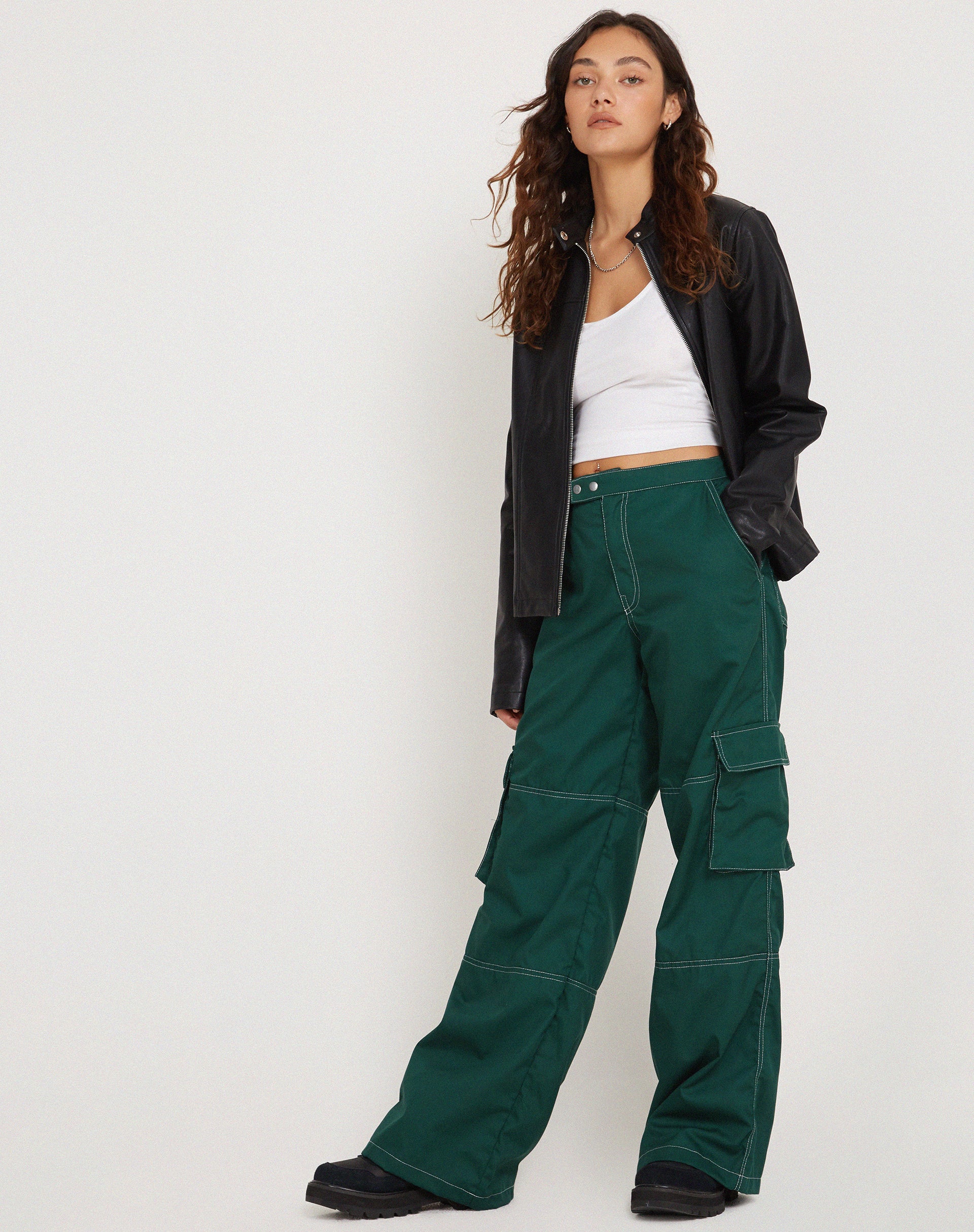 Image of Saul Wide Leg Cargo Trouser in Bottle Green with White Stitching