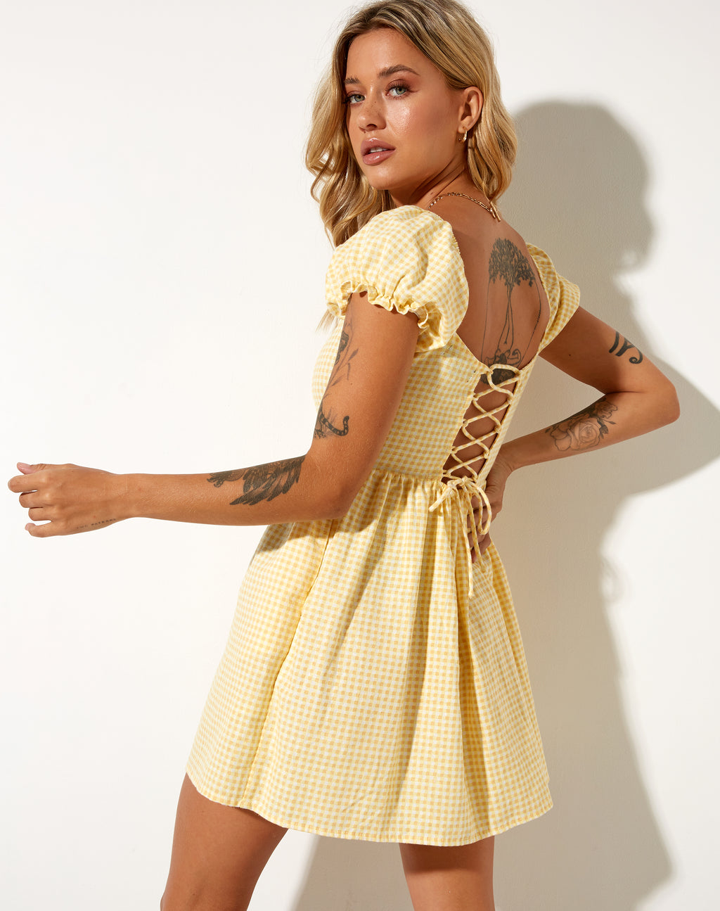 Saunder Skater Dress in Lemon Gingham Yellow