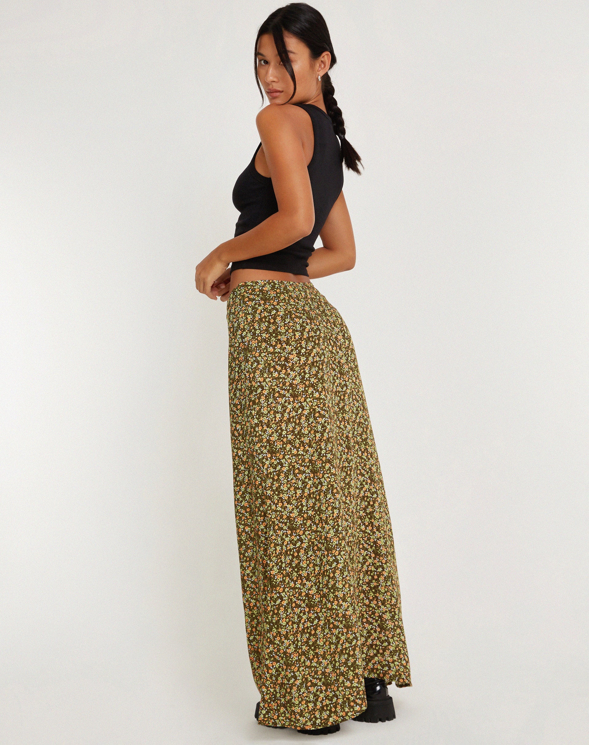 image of Sayan Maxi Skirt in Grungey Floral Khaki