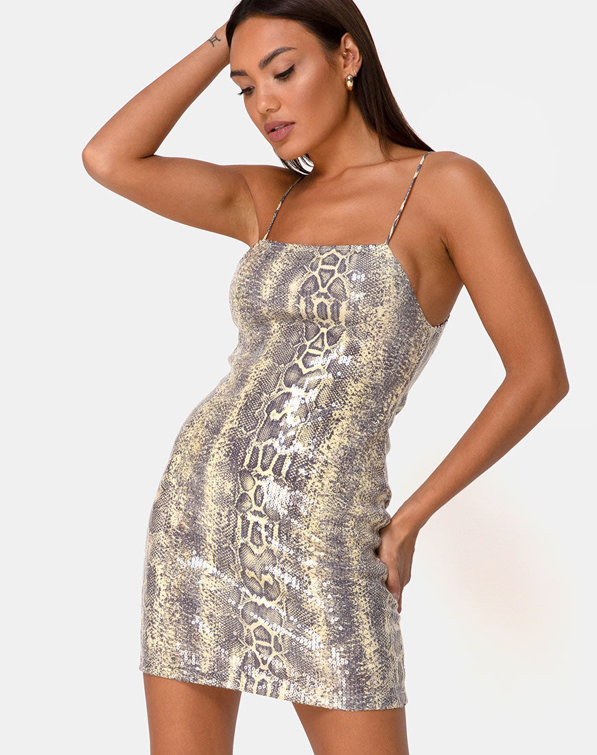 Image of Selana Bodycon Dress in Acid Snake Clear Sequin