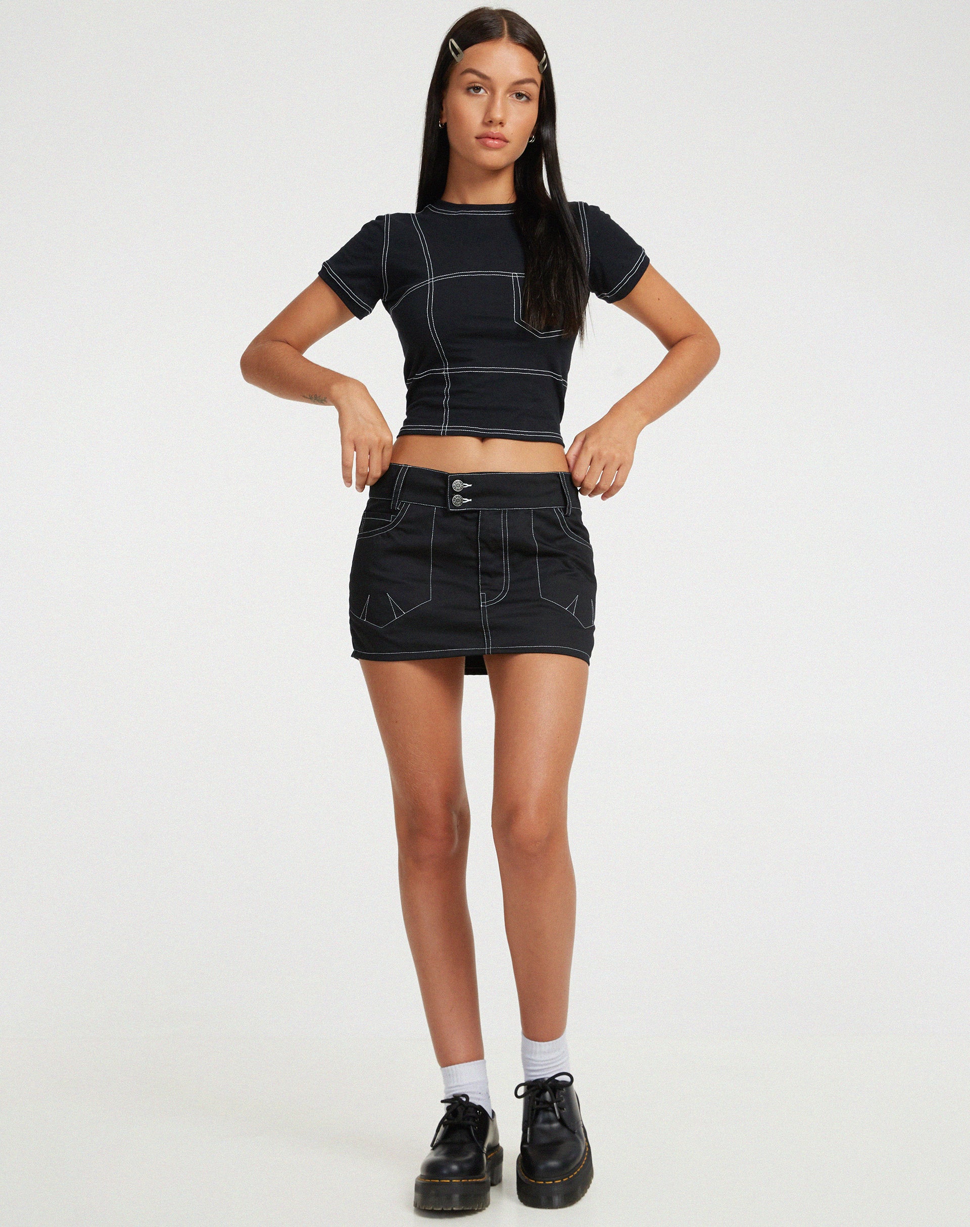 image of Shyla Cropped Tee in Black with White Stitch