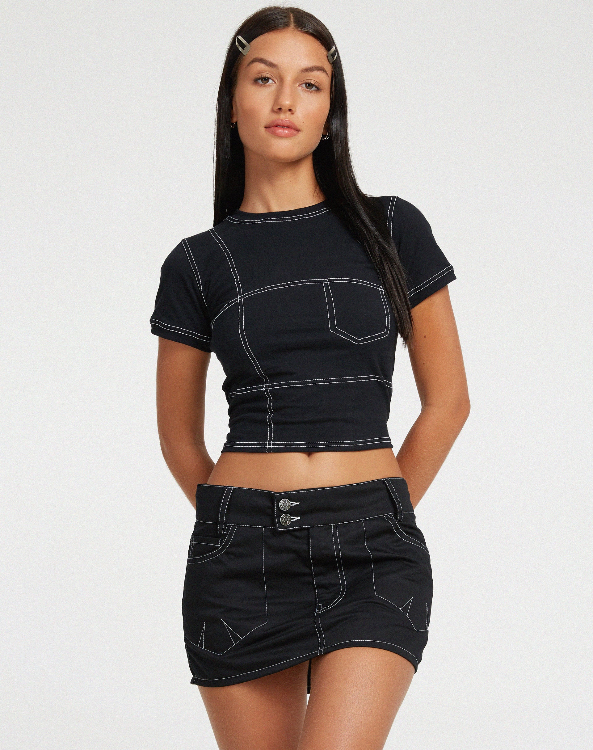 image of Shyla Cropped Tee in Black with White Stitch