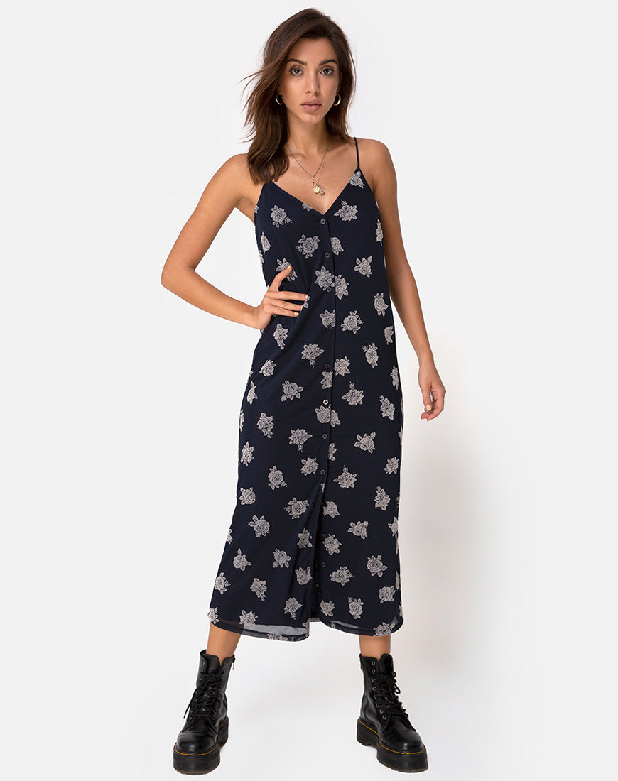 Image of Sini Slip Midi Dress in Rose Flock Black Mesh