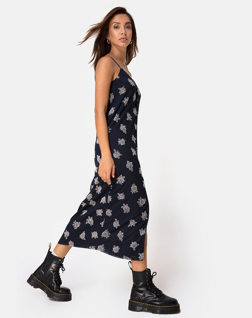 Image of Sini Slip Midi Dress in Rose Flock Black Mesh