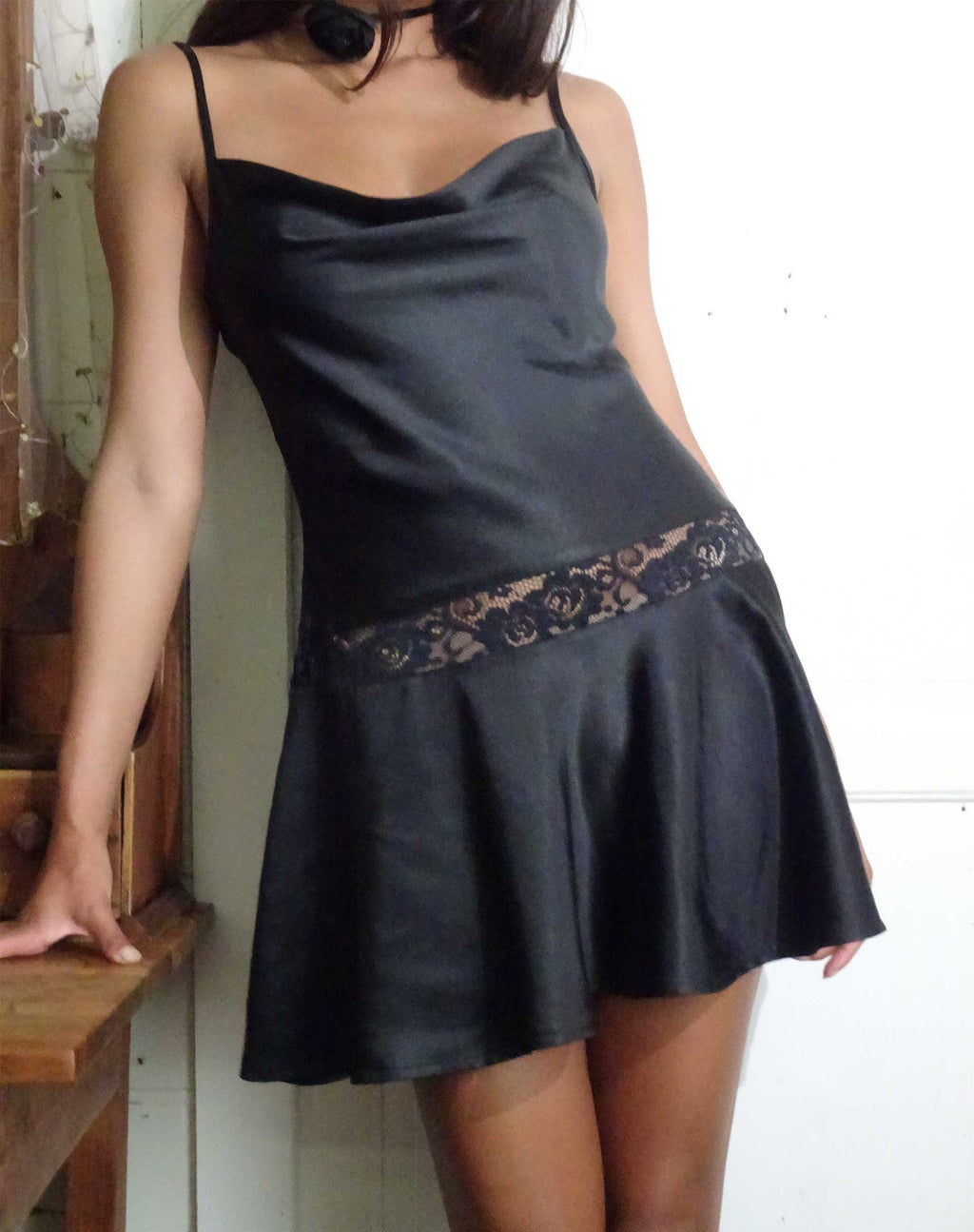 Tahira Mini Slip Dress in Satin Black