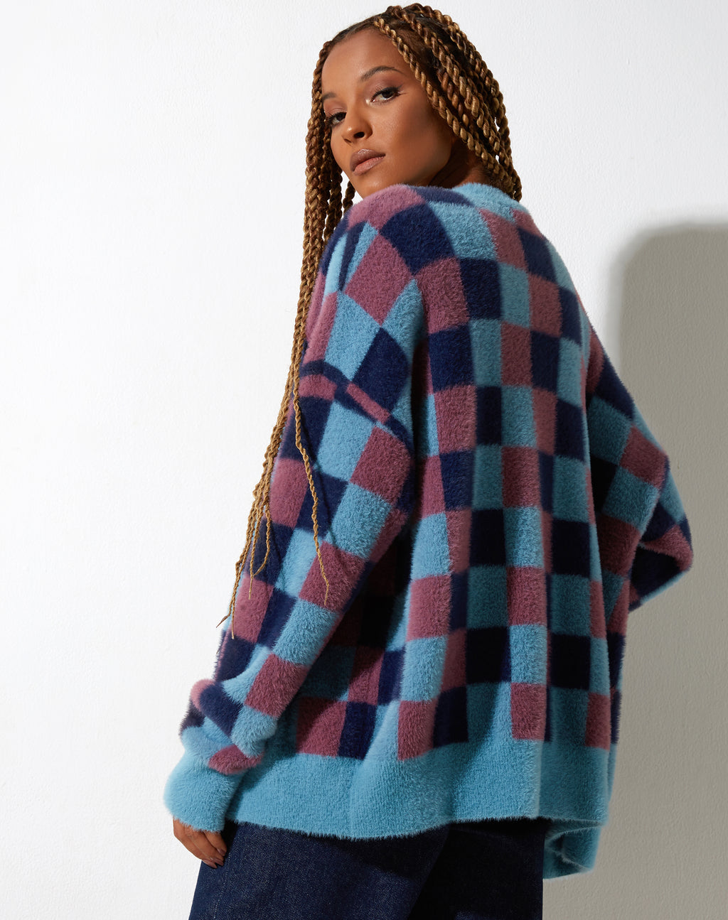 Talana Cardi in Check Blue Tones