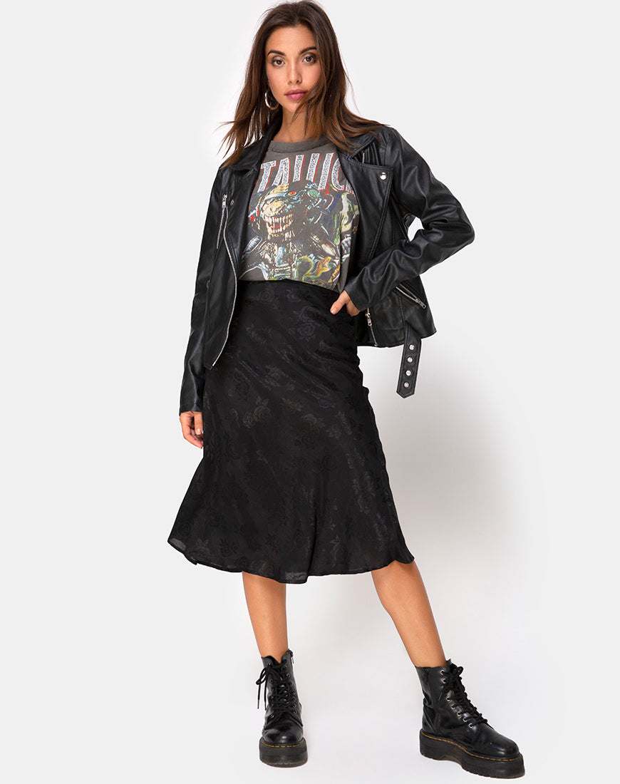 Image of Tauri Midi Skirt in Satin Rose Black