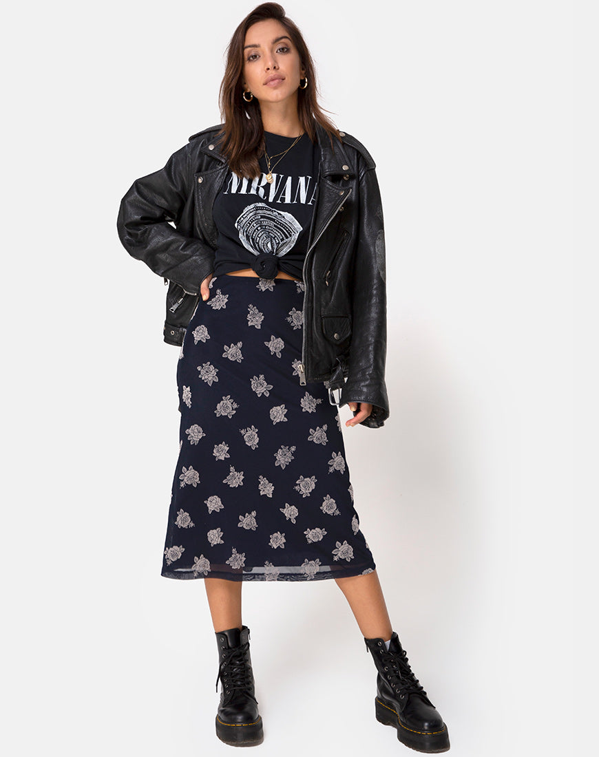 Image of Tauri Midi Skirt in Black Flock Rose